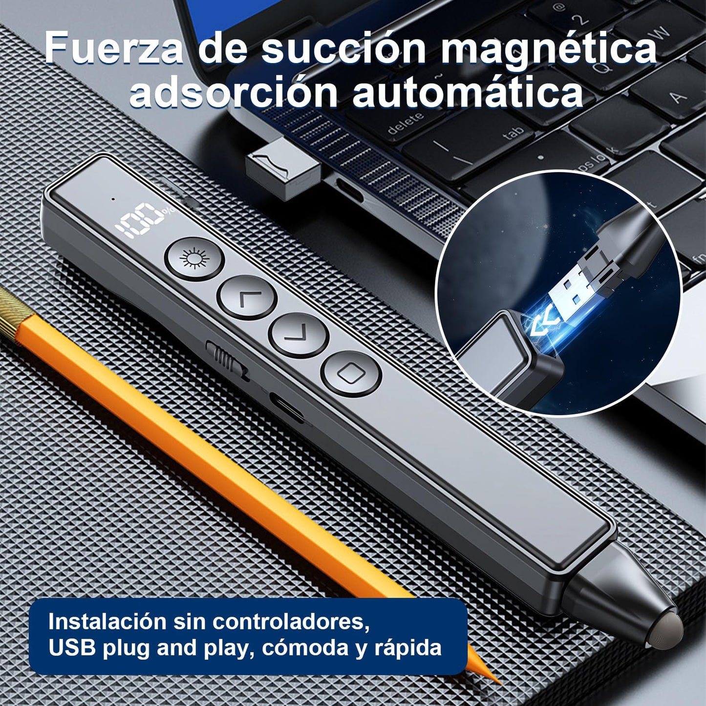 BJLBOJEY Presentador Inalámbrico de Diapositivas, Presentador de Diapositivas para Presentaciones, Pasapáginas con Láser 100M, Pantalla LED de Potencia y Receptor USB para Windows, MacOS, Android
