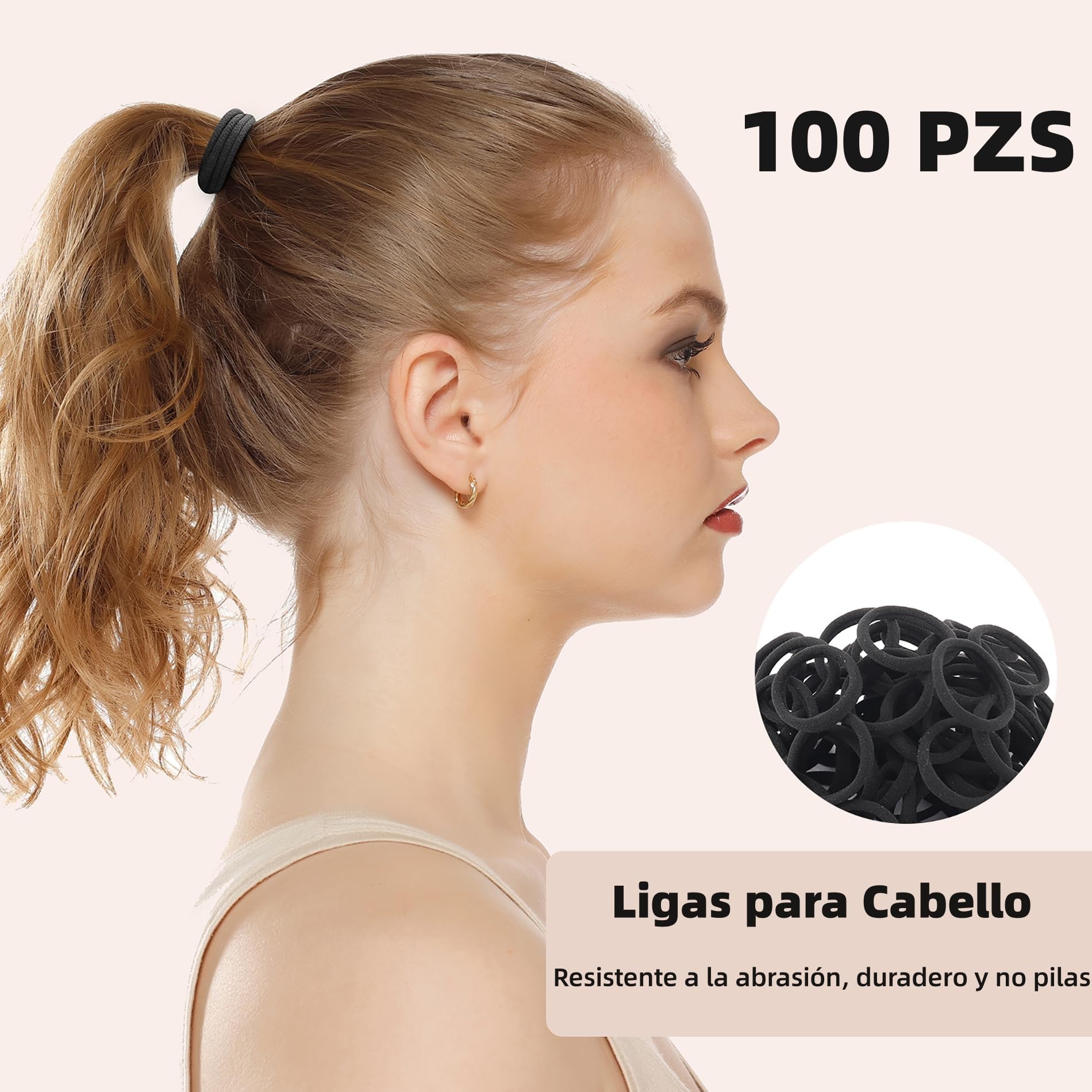 Ligas para Cabello Elásticas de Algodón - Paquete de 100 Piezas, Accesorios para el Cabello sin Costuras - Ideal para Coletas y peinados, para Mujer y Niñas - Color Negro