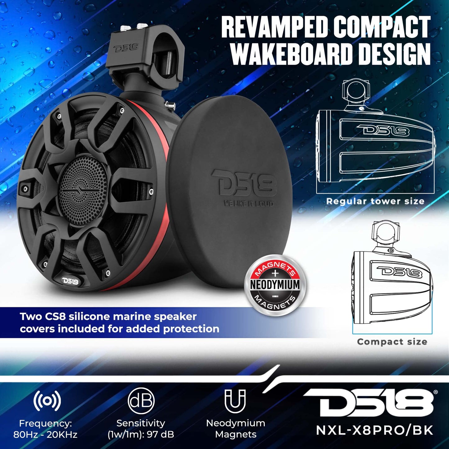 DS18 Hydro NXL-X8PRO/BK Altavoces compactos de torre de Wakeboard de 8 pulgadas con altavoz híbrido de rango medio y driver de compresión, luces LED RGB integradas, 500 vatios, cubierta de altavoz