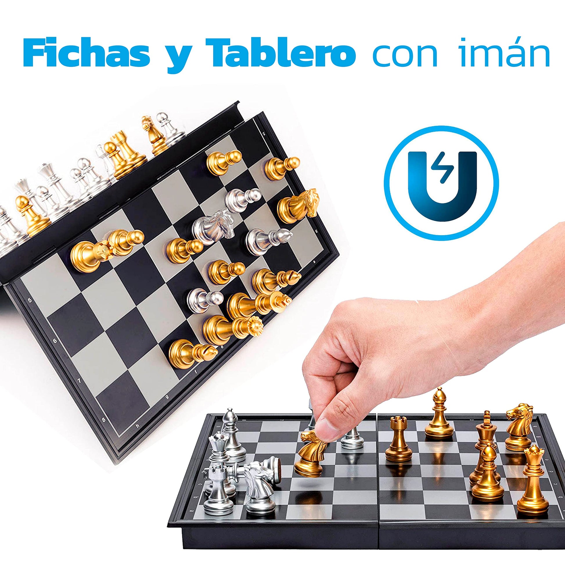 Bluelander Ajedrez Profesional, Magnético, Tablero Plegable, Diseño Clásico de Lujo, Portátil 25cm x 25cm Abierto (25cm x 12.5cm Cerrado), Juego de Mesa Portátil y Educativo (Dorado y Plateado)