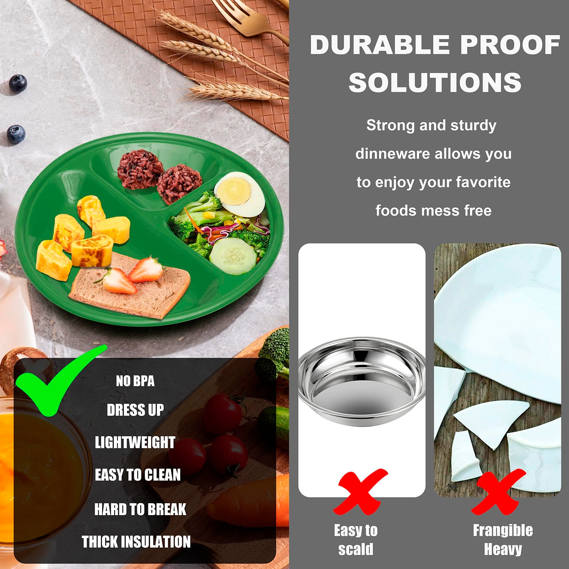 Klickpick Home - Juego de 12 platos divididos con 3 compartimentos para niños, bandejas de plástico para comer con 6 colores brillantes, 2 de cada color, aptos para lavaplatos y microondas, sin BPA