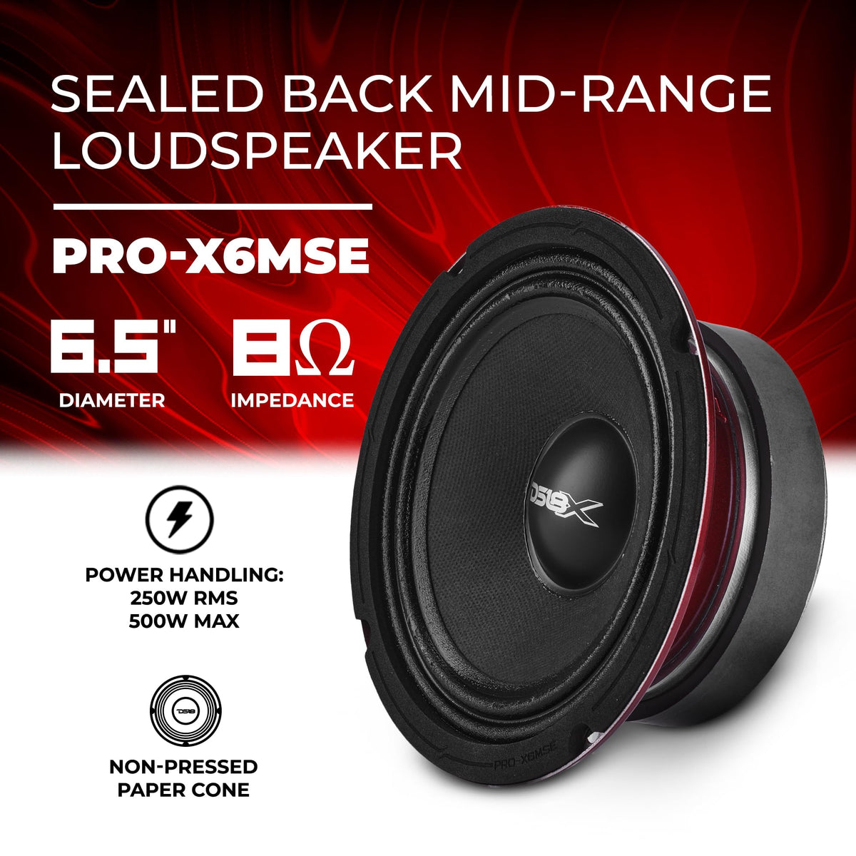 Altavoz PRO-X6MSE DS18 Rojo Midrange de 6.5" con Canasta Sellada para Sistema de Sonido en Carro o Camión 450W MAX 8 Ohms