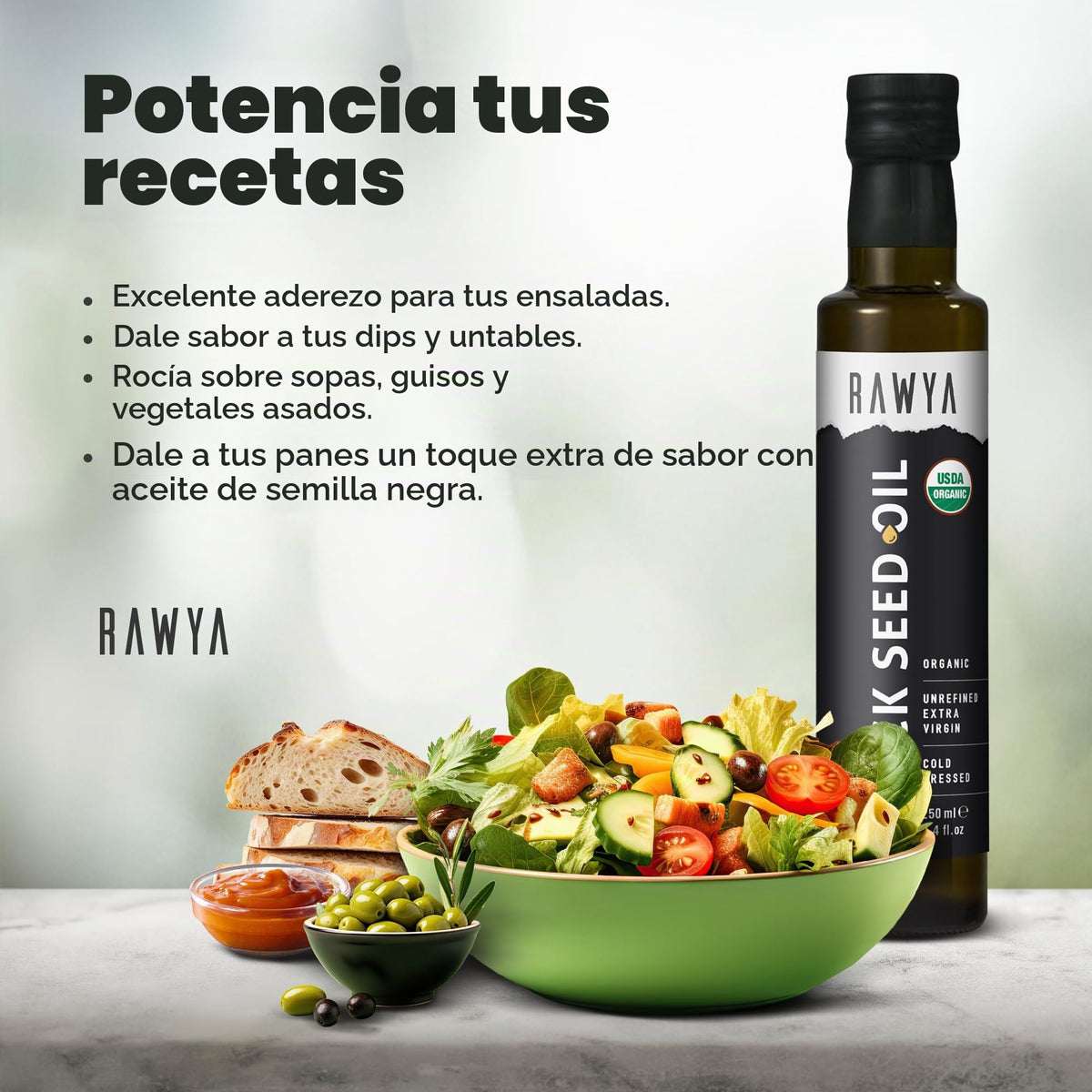 RAWYA Aceite de Comino Negro - Prensado En Frío - Comino Negro Turco - Nigella Sativa Premium Con Timoquinona - Kalonji - Sin Omg Ni Gluten - Suplementos Nutricionales - Sabor Extra Fuerte - 237 Ml