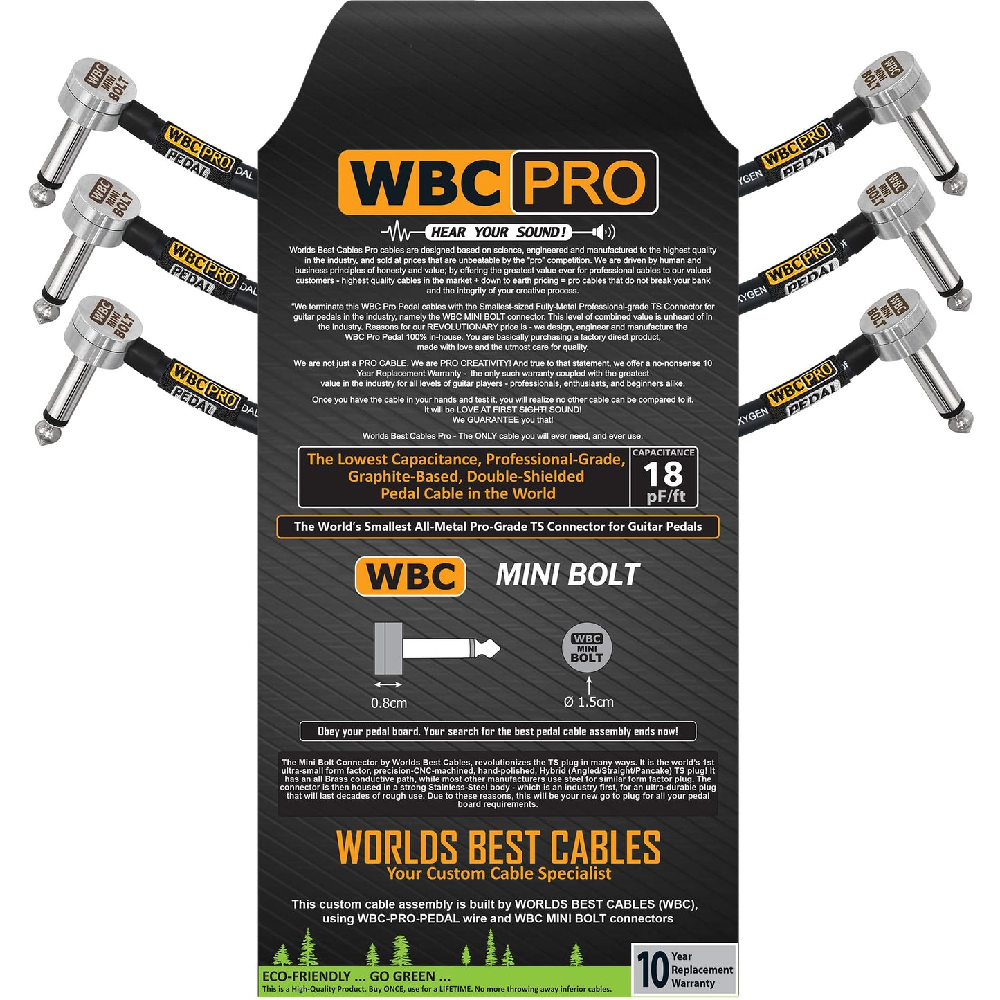 3 unidades - 6 pulgadas - WBC-PRO-PEDAL - 22 AWG - Tapa baja (18pF/ft) - Grado profesional - Base de grafito - pedal de doble blindaje, efectos, parche, cable de instrumento con enchufes TS en ángulo