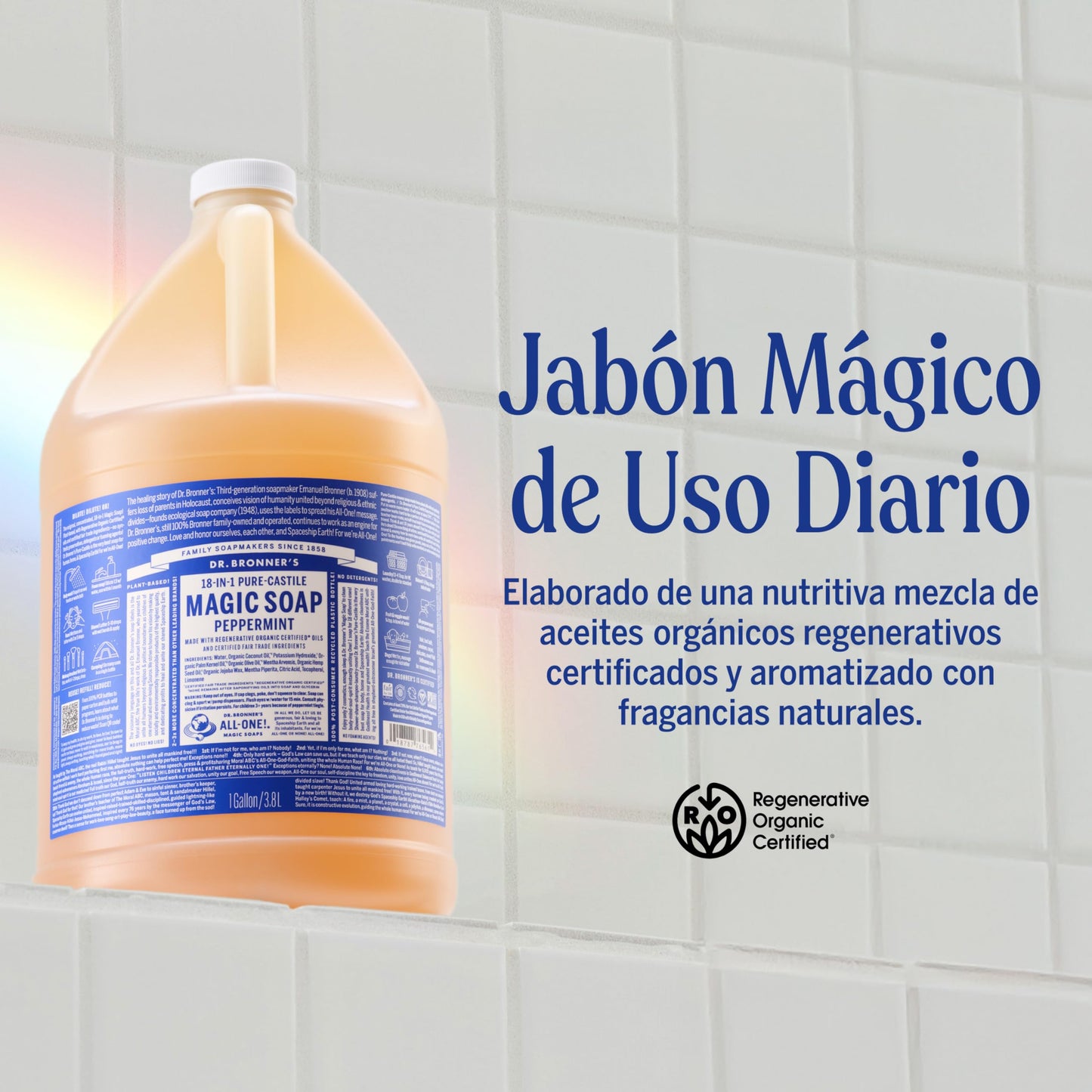 Dr. Bronner's | Jabón de castilla orgánico líquido multiusos, fórmula concentrada, frescor intenso y piel revitalizada, con aceite esencial natural, aroma Menta (3.8 L)