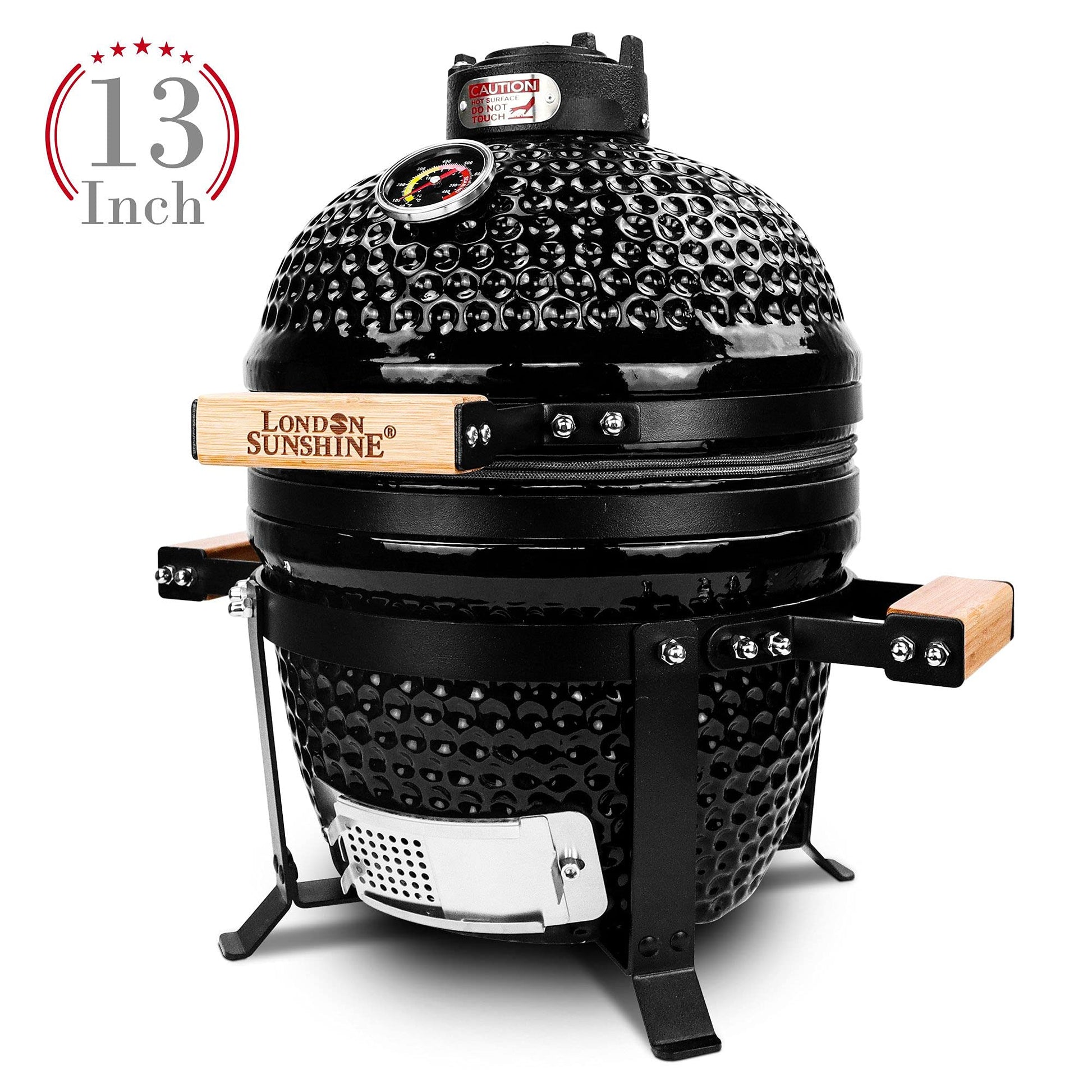 London Sunshine - Parrilla de cerámica de carbón Kamado, con rejillas de acero inoxidable, portátil de sobremesa, 33 cm, negro
