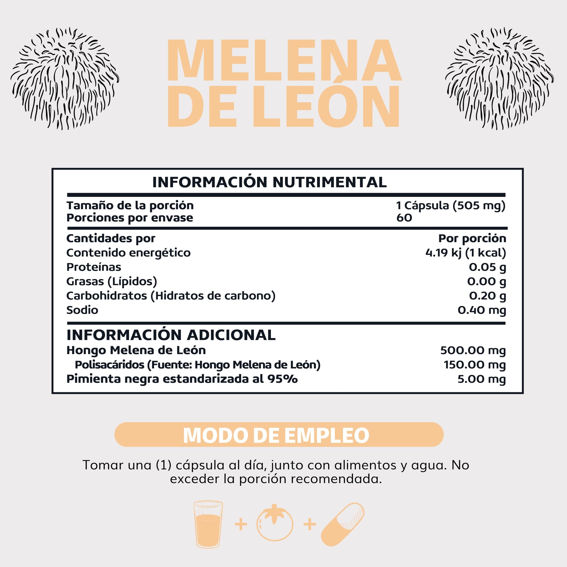 Beyond Vitamins | Hongo Melena de León | Extacto proveniente del Micelio con 30% de Polisacáridos + Piperina al 95% para máxima biodisponibilidad | Sin metales pesados | Vegano | 60 cápsulas