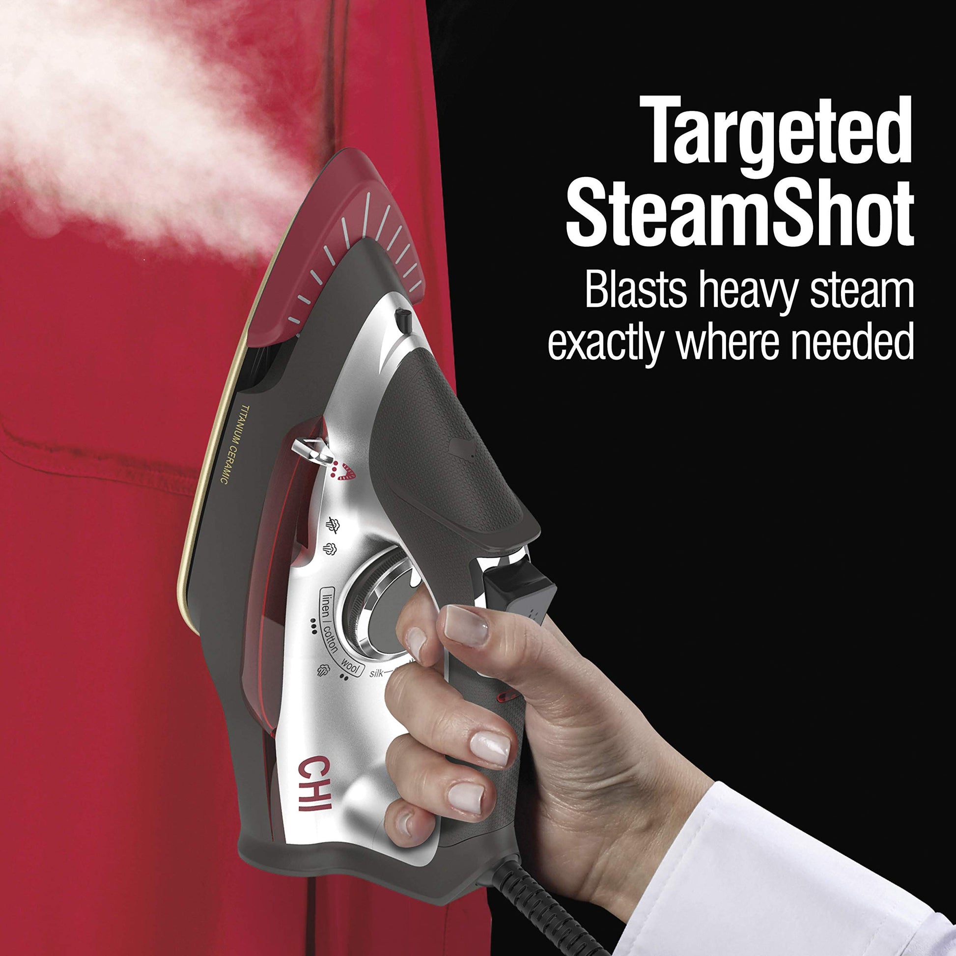 CHI Steam Plancha de Vapor 2 en 1 y vaporizador Vertical para Ropa con SteamShot Lente para Ropa con Suela infundida de Titanio, 1200 vatios, Cable de 10 pies (13108), Mediano