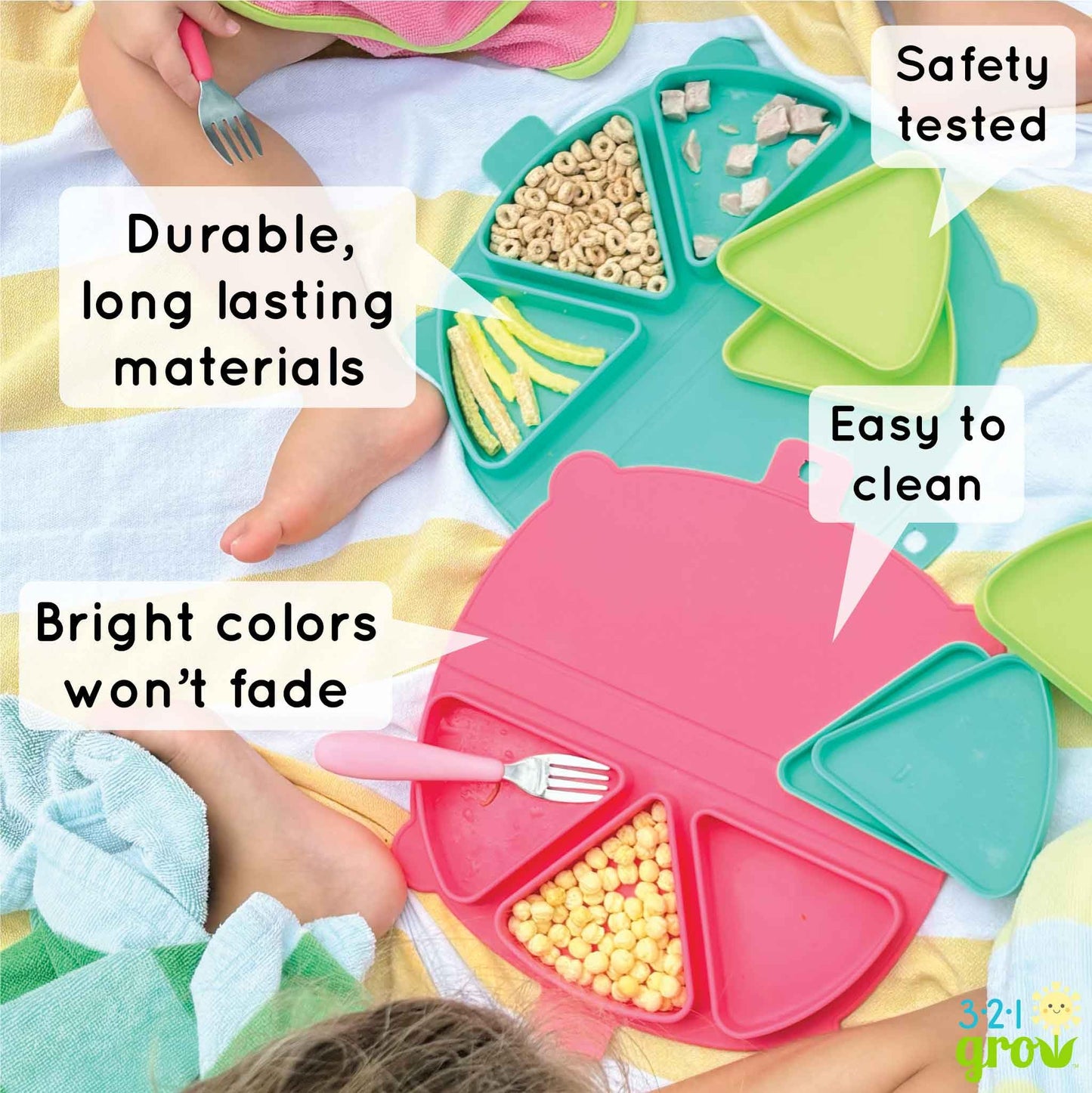 321 Grow Alfombrilla de silicona para snacks de viaje - Juego de manteles plegables reutilizables con 3 compartimentos y tapas - Plato para snacks de viaje apto para bebés y niños pequeños - Apto para