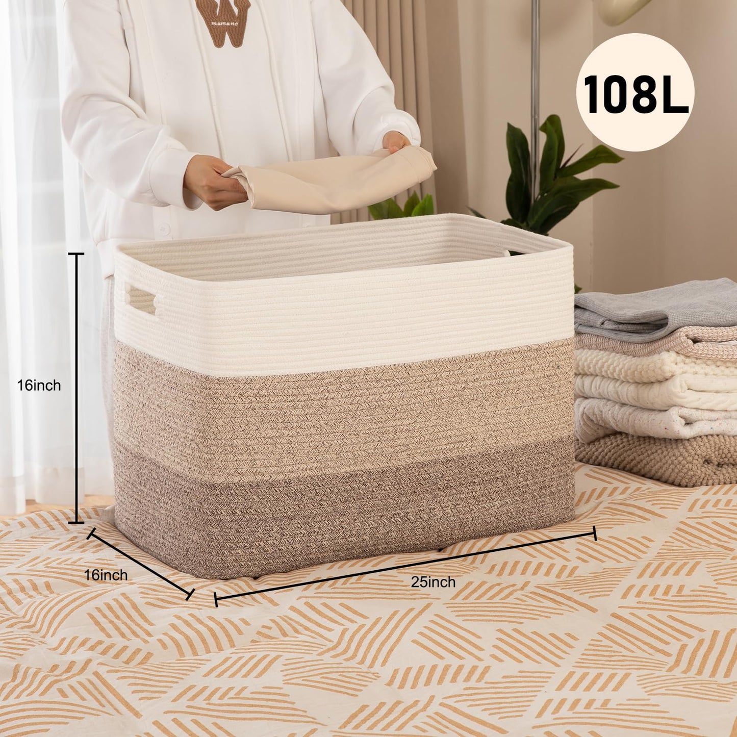 OIAHOMY - Cesta de manta súper grande de 108 L, 25 x 16 x 16 pulgadas, cestas tejidas rectangulares para almacenamiento, cesta de cuerda de algodón para sala de estar, almacenamiento de juguetes con