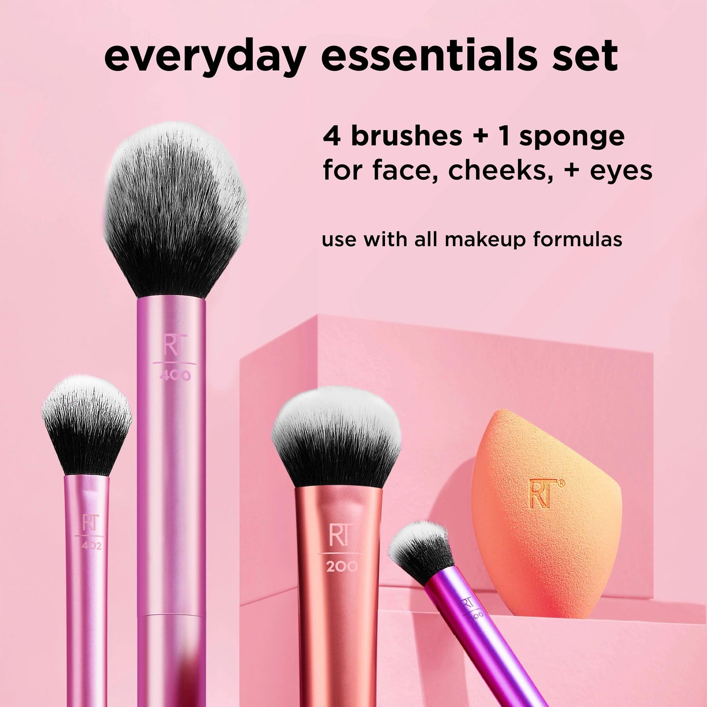 Real Techniques, Everyday Essentials, Set de Brochas de Maquillaje con Esponja Multifuncional, Kit de Accesorios Esenciales, Juego de Brochas para Maquillar Ojos, Mejillas y Rostro, 5 piezas
