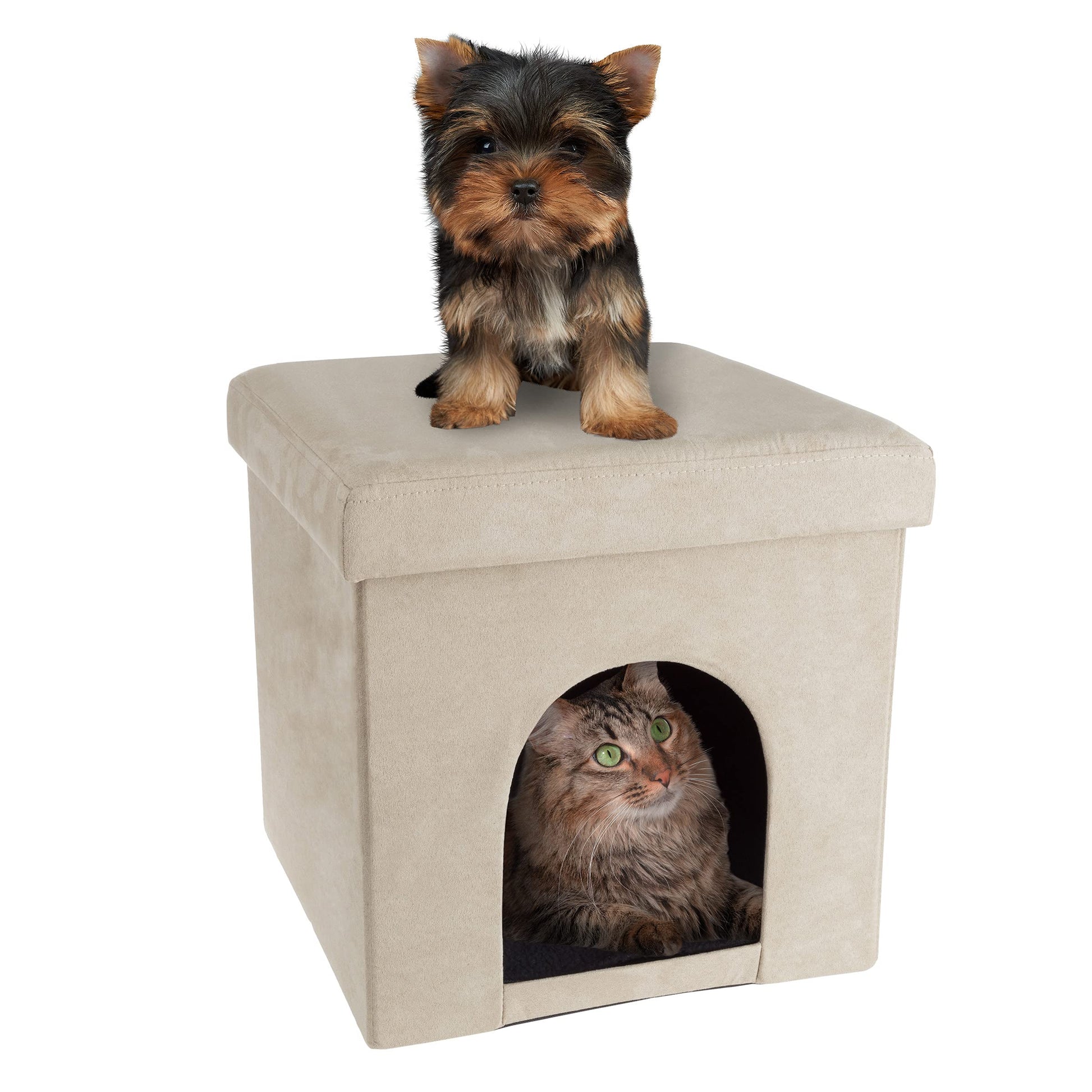PETMAKER - Cama otomana Plegable Multiusos para Perros o Gatos pequeños y reposapiés con Parte Superior de cojín y Almohada Interior (Bronceado de microgamuza)