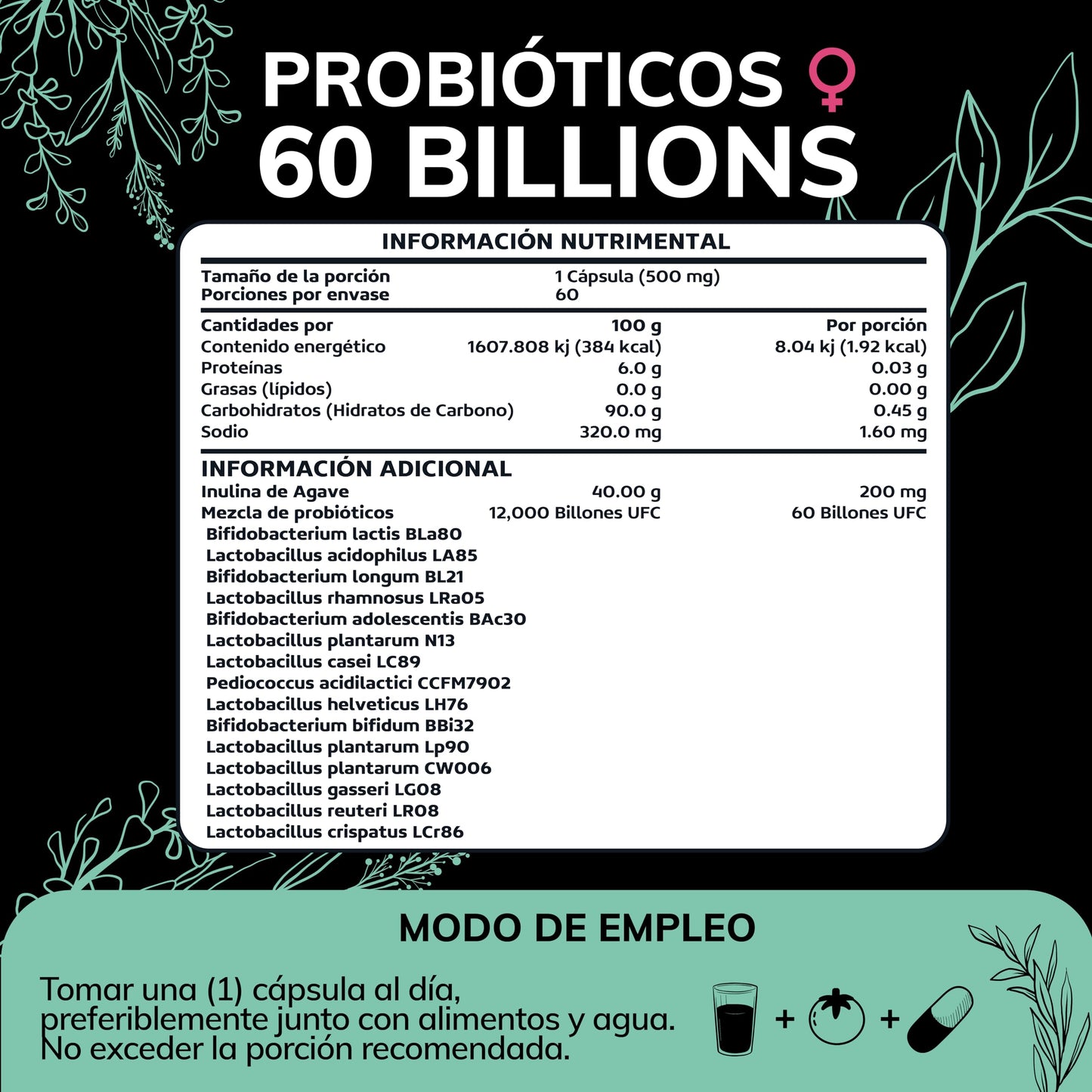 Probióticos Quotidien 60B Inulina de Agave para Mujer 15 Cepas Liberación Tardía