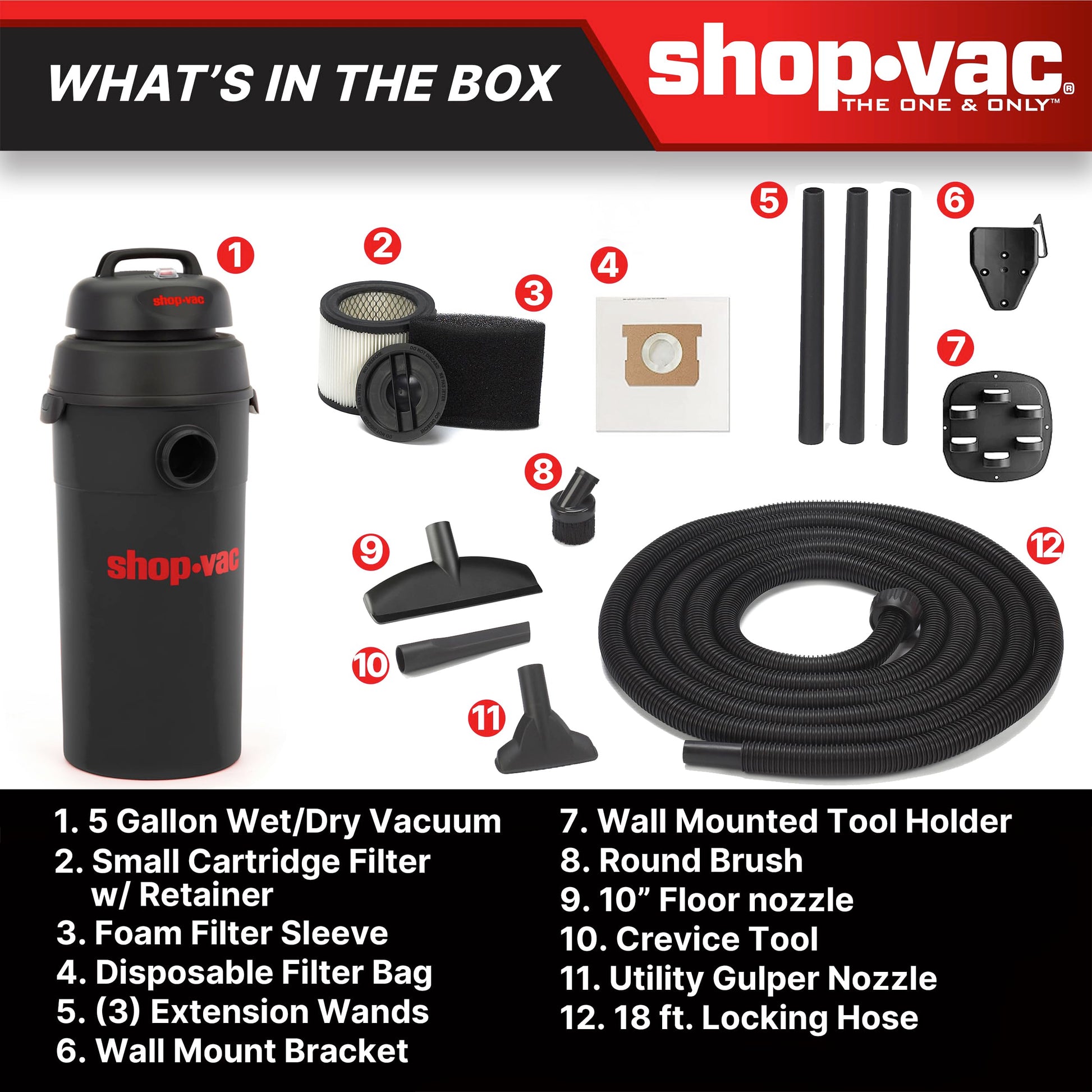 Aspiradora Shop-Vac de Pared Húmedo/Seco 5 Galones 5.5 Picos Ideal para Garaje, Taller y Hogar