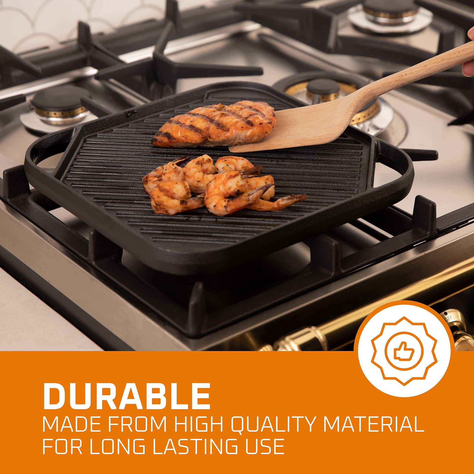Bruntmor Sartén cuadrada de hierro fundido 2 en 1 con sartén reversible para estufa, sartén multicocción de 10 x 10 pulgadas, utensilios de cocina antiadherentes para camping