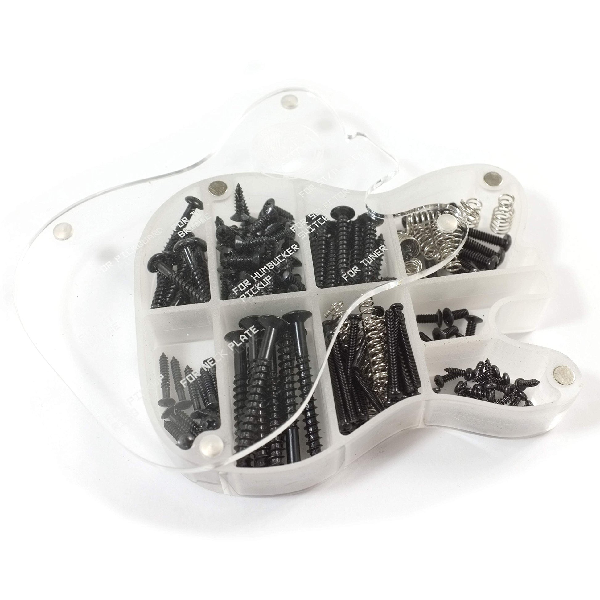 MAKA - Juego de tornillos para guitarra con caja de almacenamiento acrílica personalizada para puente de guitarra eléctrica, pastilla, golpeador, afinador, interruptor, placa de cuello, con resortes,