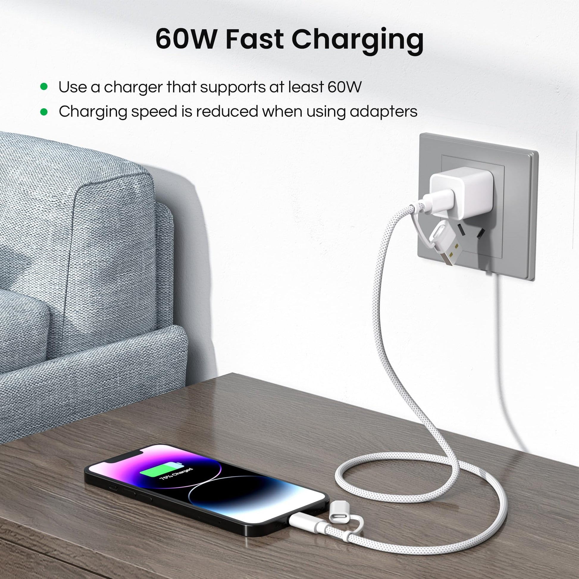 Basesailor Cable cargador múltiple rápido 60W,4 en 1 USB a USBC 2M,con USB A/Lightning/Type C para iPhone 15 14 13 12 11 Mini Max,Apple iWatch 9 8,MacBook Pro,iPad Air,S25 S24 S23 S22 Plus Ultra,16,17