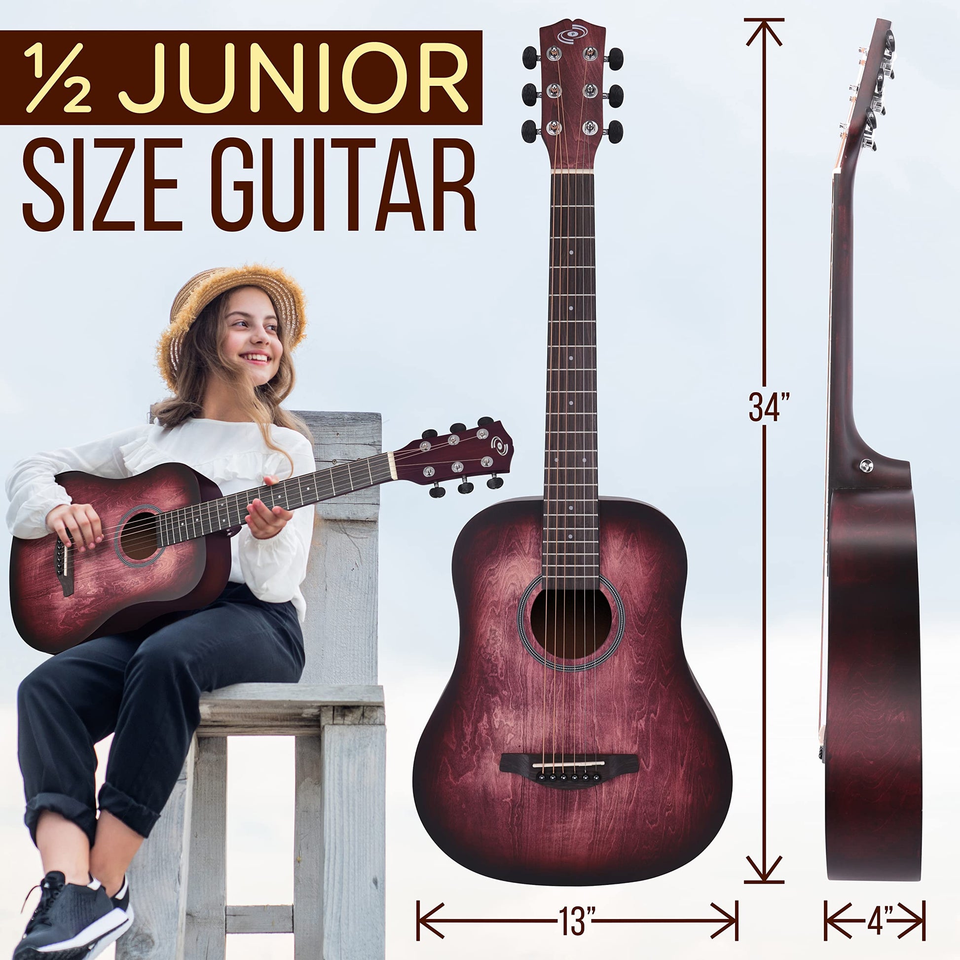 Pyle - Kit de guitarra acústica, 1/2 tamaño junior, instrumento de cuerda de acero de madera para niños principiantes, adultos, 34 pulgadas, color carmesí Burst mate