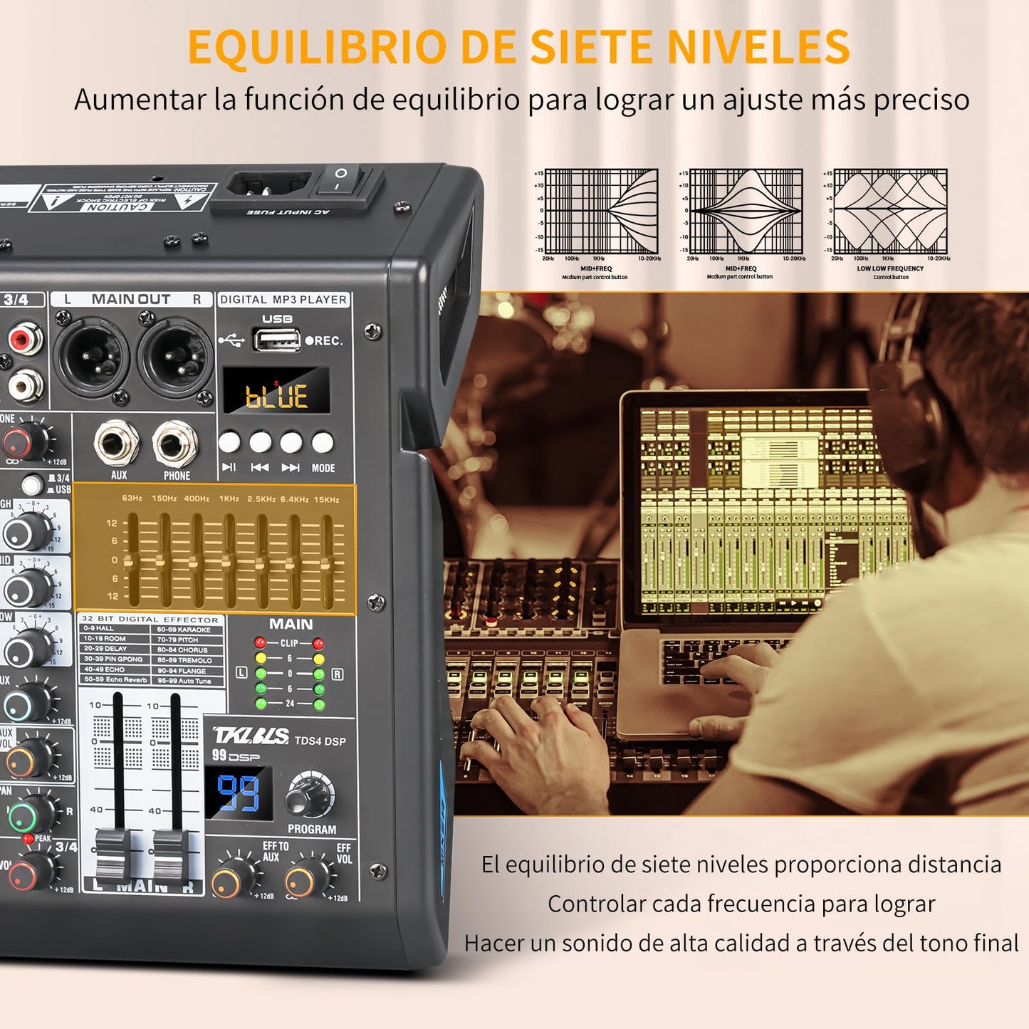 Mezclador de Audio TKLBLS Estéreo con Consola de Mezcla DSP de 4 Canales y Salida de EQ de 7 Bandas