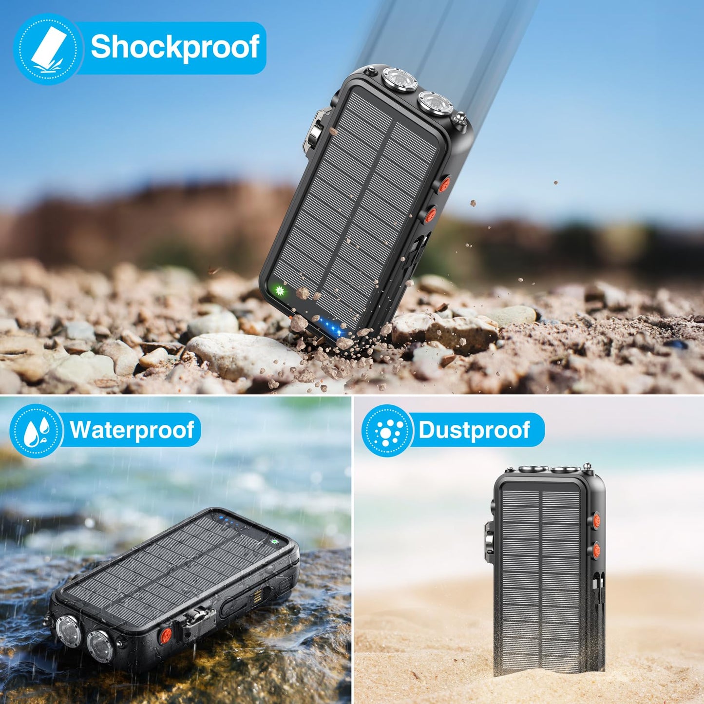 BROWEY - Cargador inalámbrico para banco de energía solar, 16000 mAh, manivela integrada y 3 cables con radio de emergencia y linterna, carga rápida de 20 W para teléfonos celulares, cargador portátil