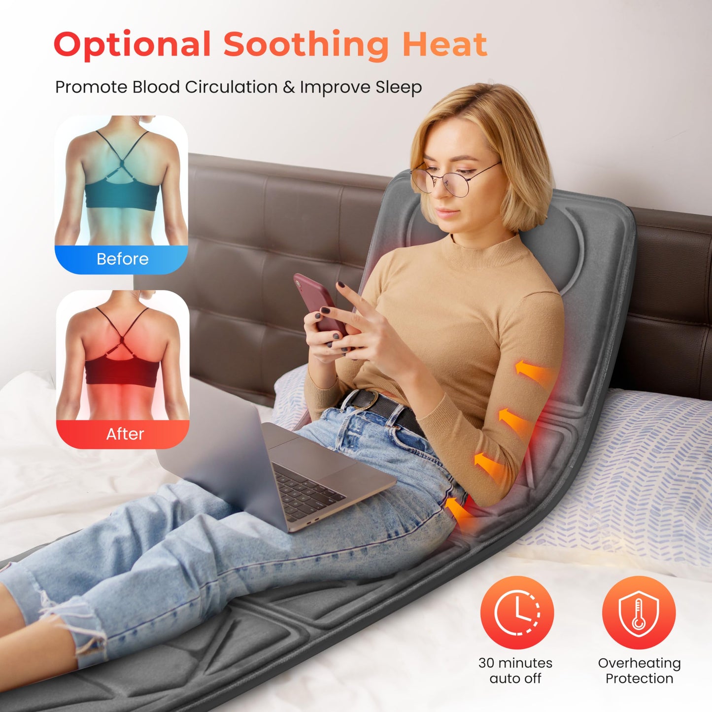 CuPiLo Cuplo Masajeador Pad, Tapete De Masaje Con 10 Motores Vibradores Y 5 Modos, Masajeador De Espalda Con Calor, Masajeador De Cuerpo Completo Para Espalda, Lumbar, Pierna, Regalos Para M