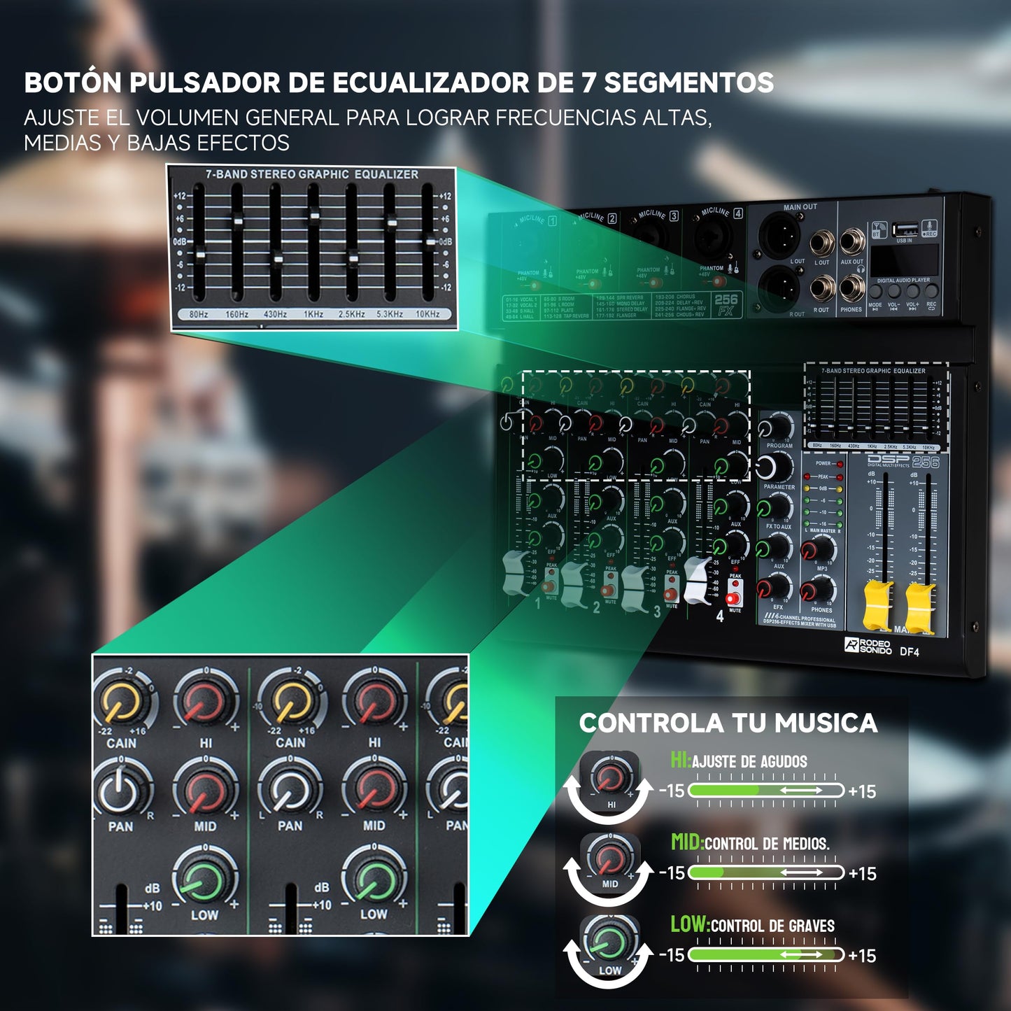 Mezcladora de Audio Rodeosonido Df4n Profesional con USB y Bluetooth