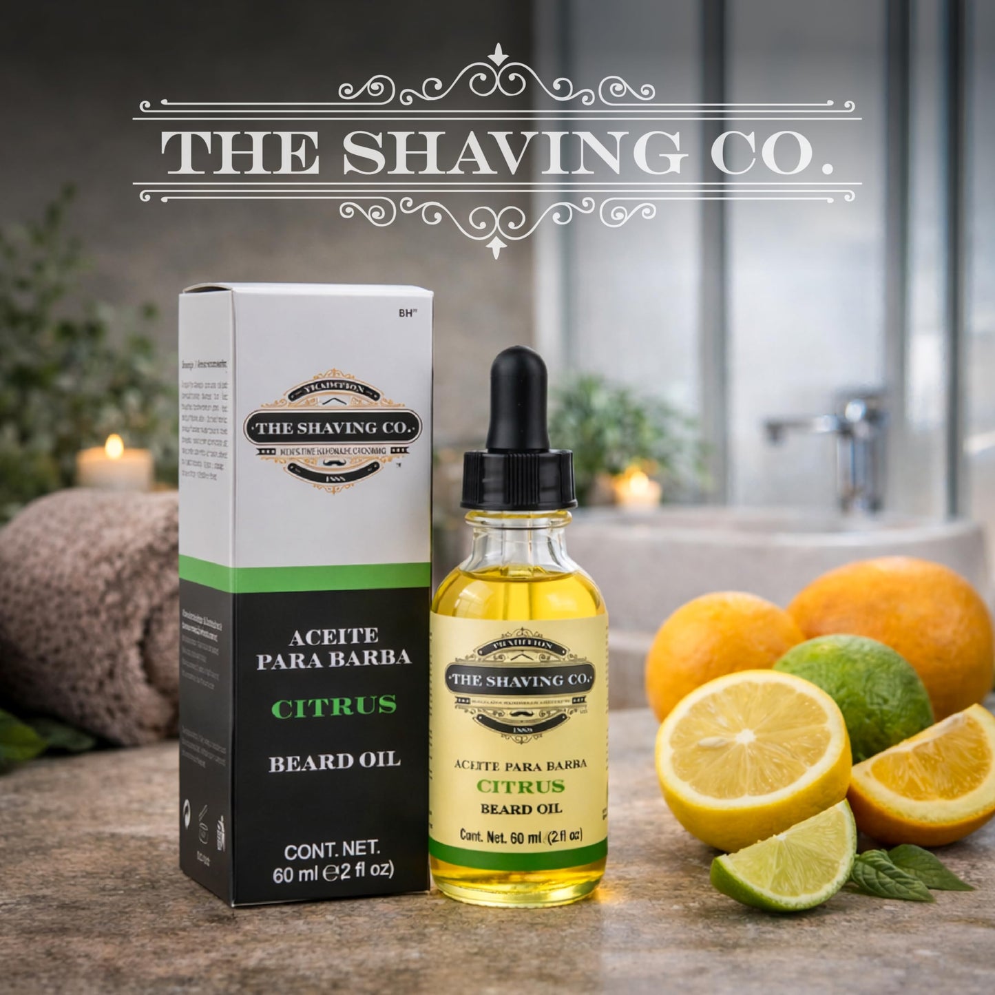 THE SHAVING CO. Aceite para Barba Citrus 60ml/2oz. Nutre, Humecta e Hidrata tu Barba desde la raíz. Hecho especialmente a mano con ingredientes Premium 100% naturales, No contiene alcohol. Libre de Sulfatos y Libre de Parabenos. CITRUS BEARD OIL.