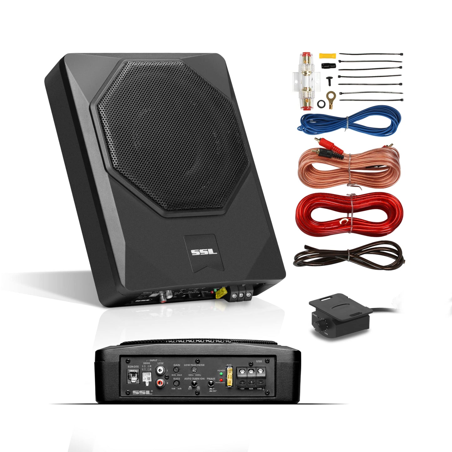 Sound Storm Laboratories US8K - Subwoofer de audio para coche de 8 pulgadas bajo el asiento, 800 vatios máximo, perfil bajo, amplificador integrado, para camión, cajas y recintos, control remoto de subwoofer