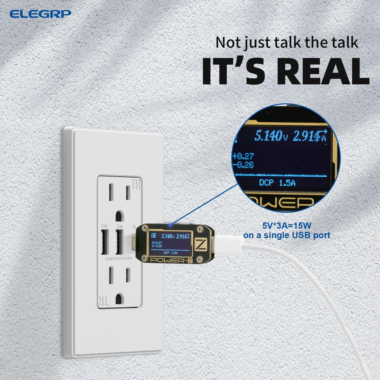 ELEGRP - Toma de pared USB C de 3 puertos, toma eléctrica de 30 W 6.0 A, resistente a manipulaciones con puertos USB C, listado UL, placa de pared sin tornillos, blanco mate
