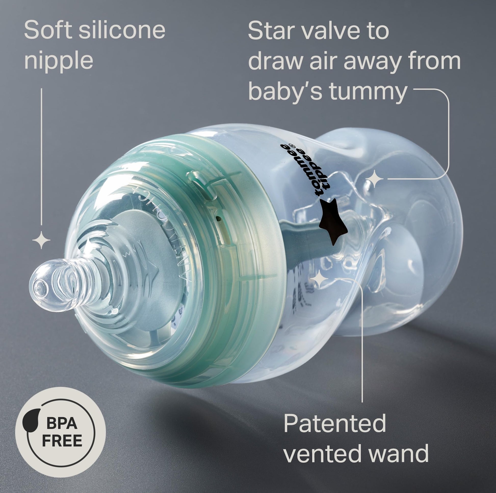 Biberón Anticólico Tommee Tippee Transparente con Tetina de Flujo Lento para un Agarre Natural, Paquete de 2