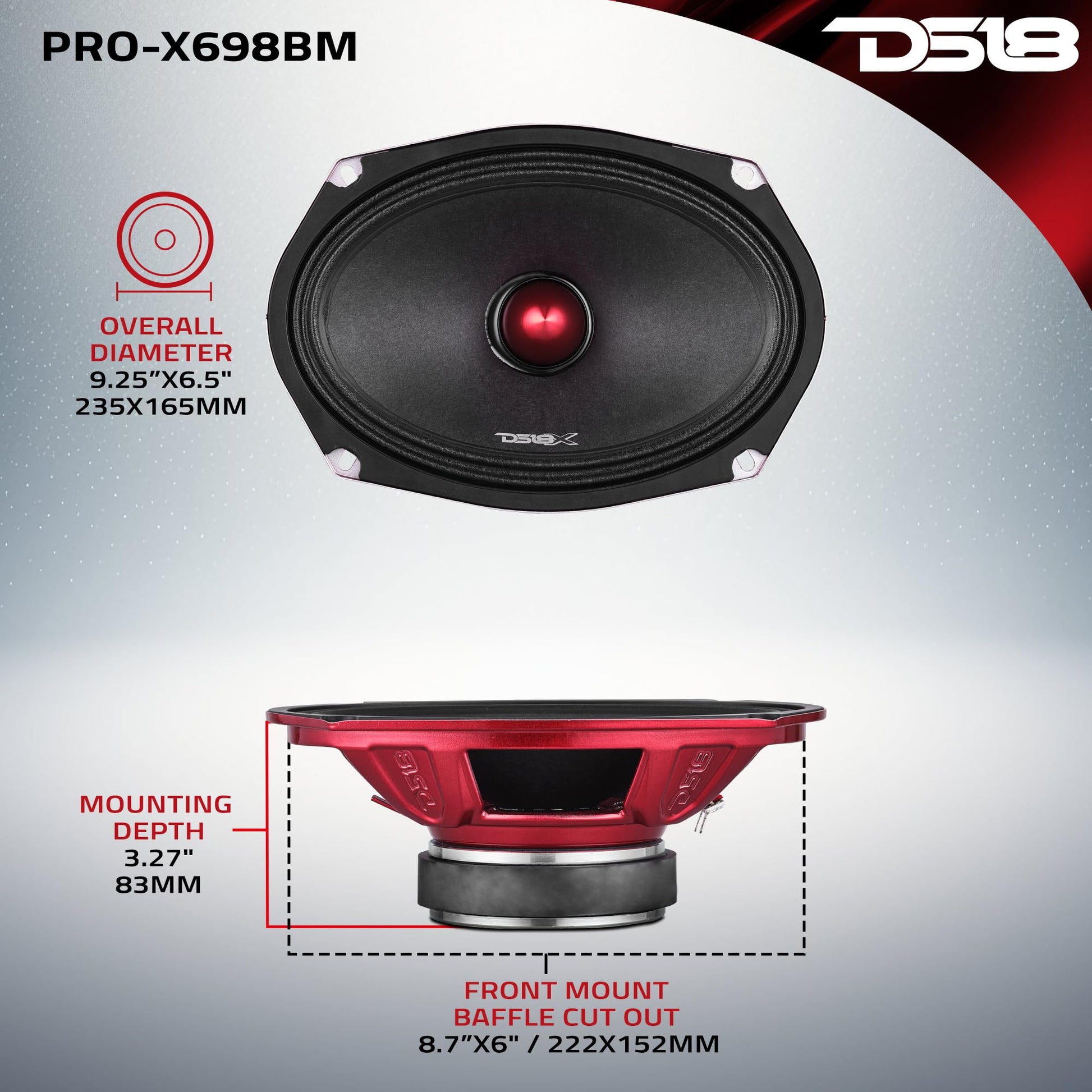 DS18 PRO-X698 BM - Altavoz de 6 x 9, rango medio, bala de aluminio rojo, 400 W máximo, 200 W RMS, 8 ohmios - Altavoces de puerta de audio de calidad premium para coche, camión y motocicleta sistema de