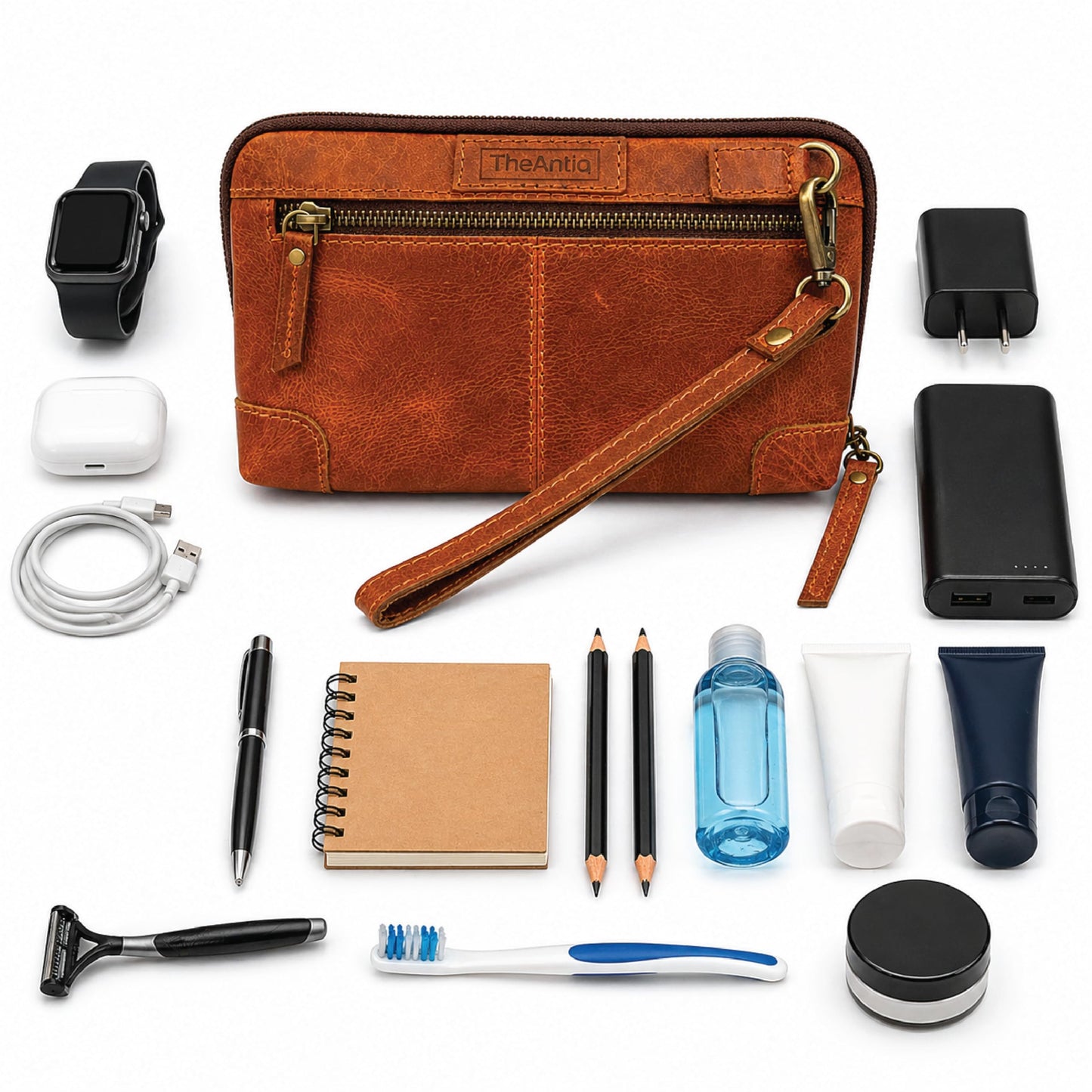 TheAntiq Bolsa de maquillaje de piel auténtica, organizador de viaje, color café