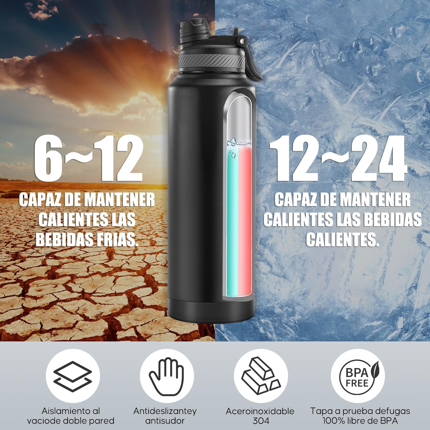 Botella Térmica de Acero Inoxidable 1200ml-Termo para Agua Fría con Tapa de Taza y Asa Portátil, Doble Aislamiento 24 Horas Frío, Sellado Hermético, Diseño Antigoteo para Deportes (Negro,1.2 Litros)