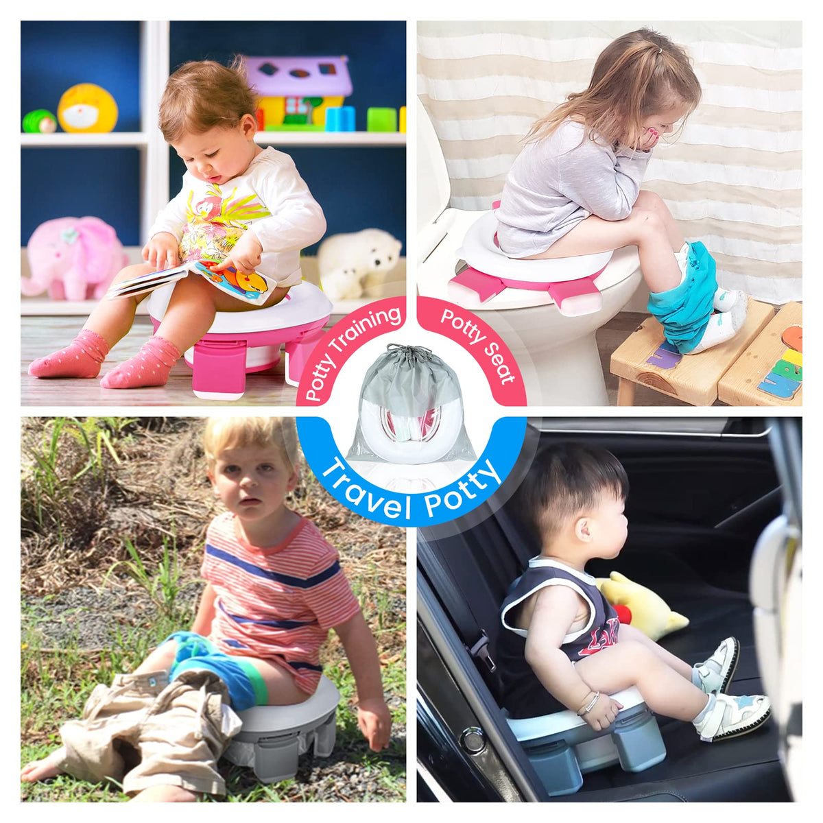 Orzbow - Asiento de inodoro portátil para niños pequeños con bolsa de almacenamiento, silla plegable para orinal con 40 bolsas de viaje, desmontable para bebé con protector contra salpicaduras para