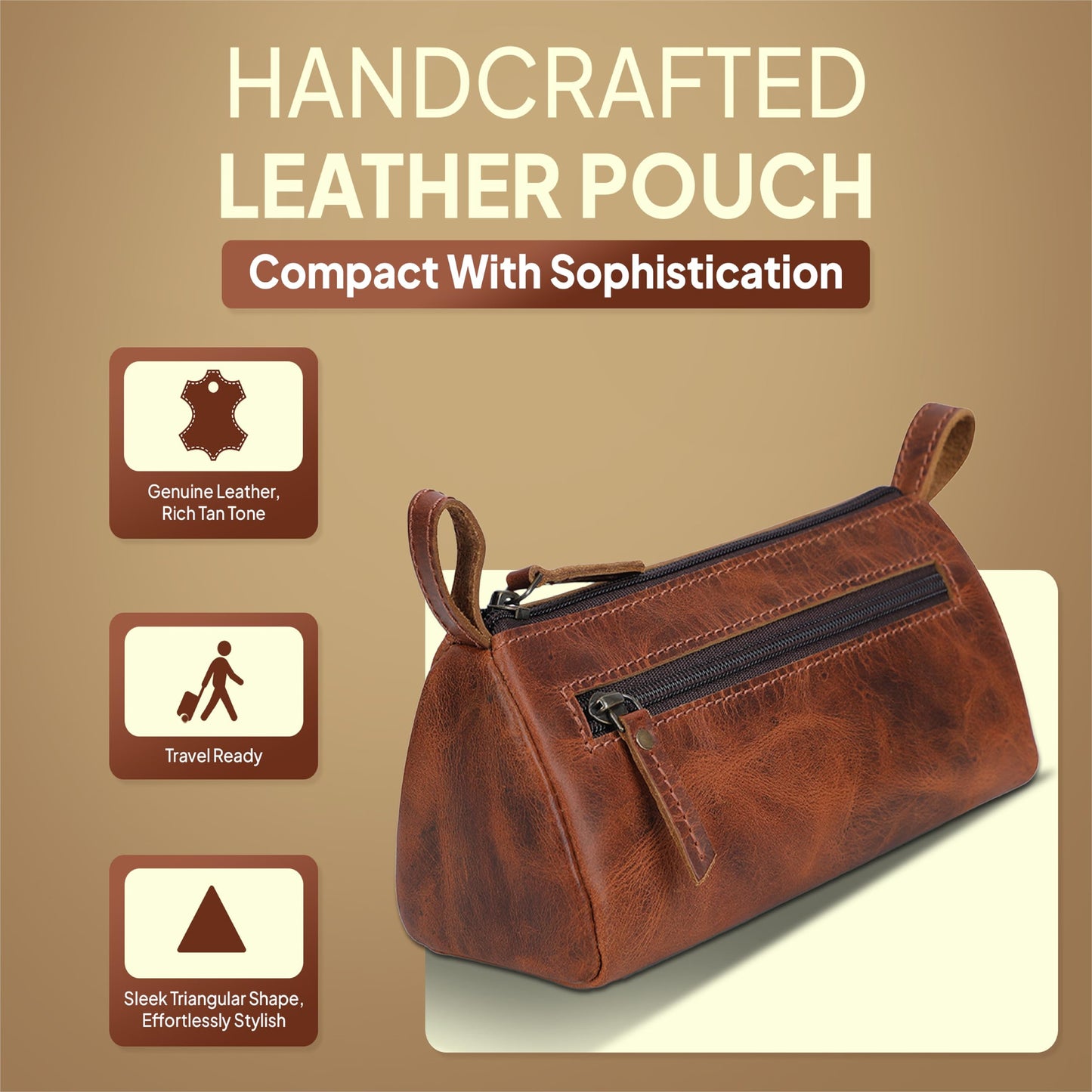 TheAntiq - Bolsa de maquillaje de piel bronceada (8 x 3.5 x 3 pulgadas) - Estuche pequeño para cosméticos para bolso, estuche de maquillaje multiusos con cremallera para viajes o regalo, organizador