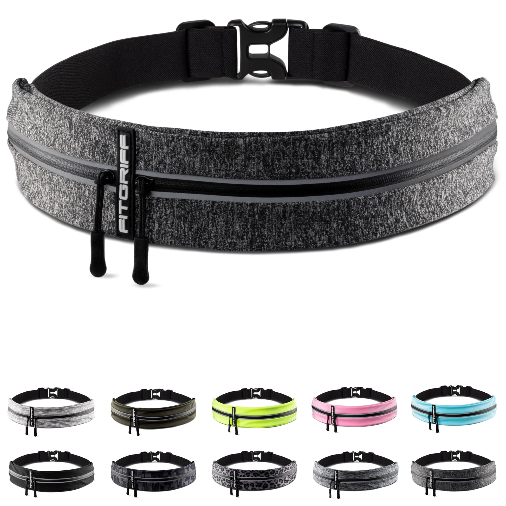 Fitgriff® - Cinturón de correr para hombres y mujeres, bolsa de correr segura para teléfono, llaves y esenciales, para todos los teléfonos celulares, Gris, Small - Medium, Corte entallado
