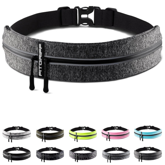 Fitgriff® - Cinturón de correr para hombres y mujeres, bolsa de correr segura para teléfono, llaves y esenciales, para todos los teléfonos celulares, Gris, Small - Medium, Corte entallado