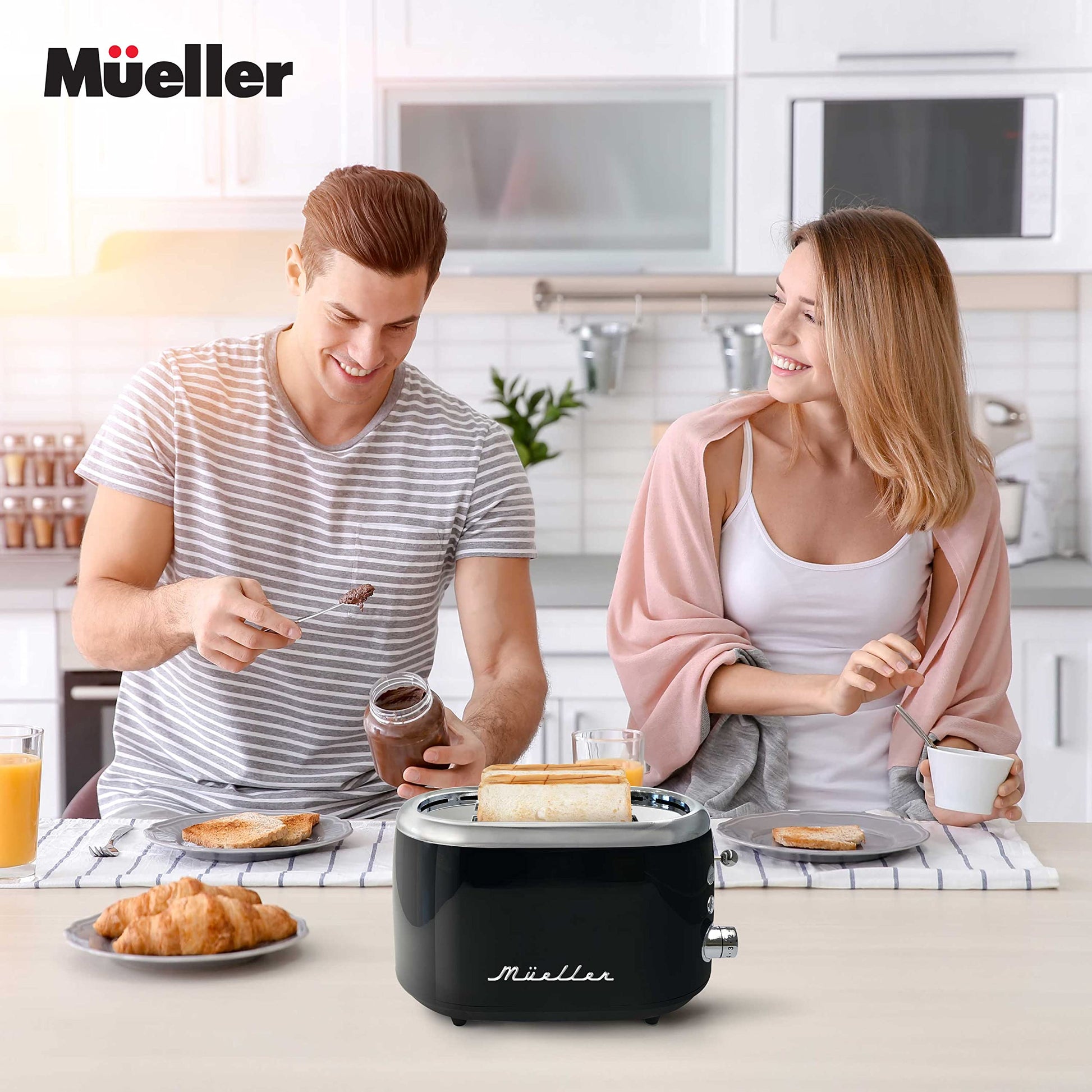 MÜELLERHOME tostador retro 2 rebanadas, 7 niveles de dorado, 3 funciones (recalentar, descongelar, cancelar), negro