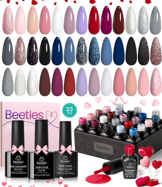 Beetles 23Pcs Gel Nail Polish Set with 3Pcs Base Matte Glossy Top Coat, Nude Gray Pink Blue Burgundy Glitter Gel Polish Kit Modern Muse Kit, Soak off Uv Gel Valentines Day Gift for Women