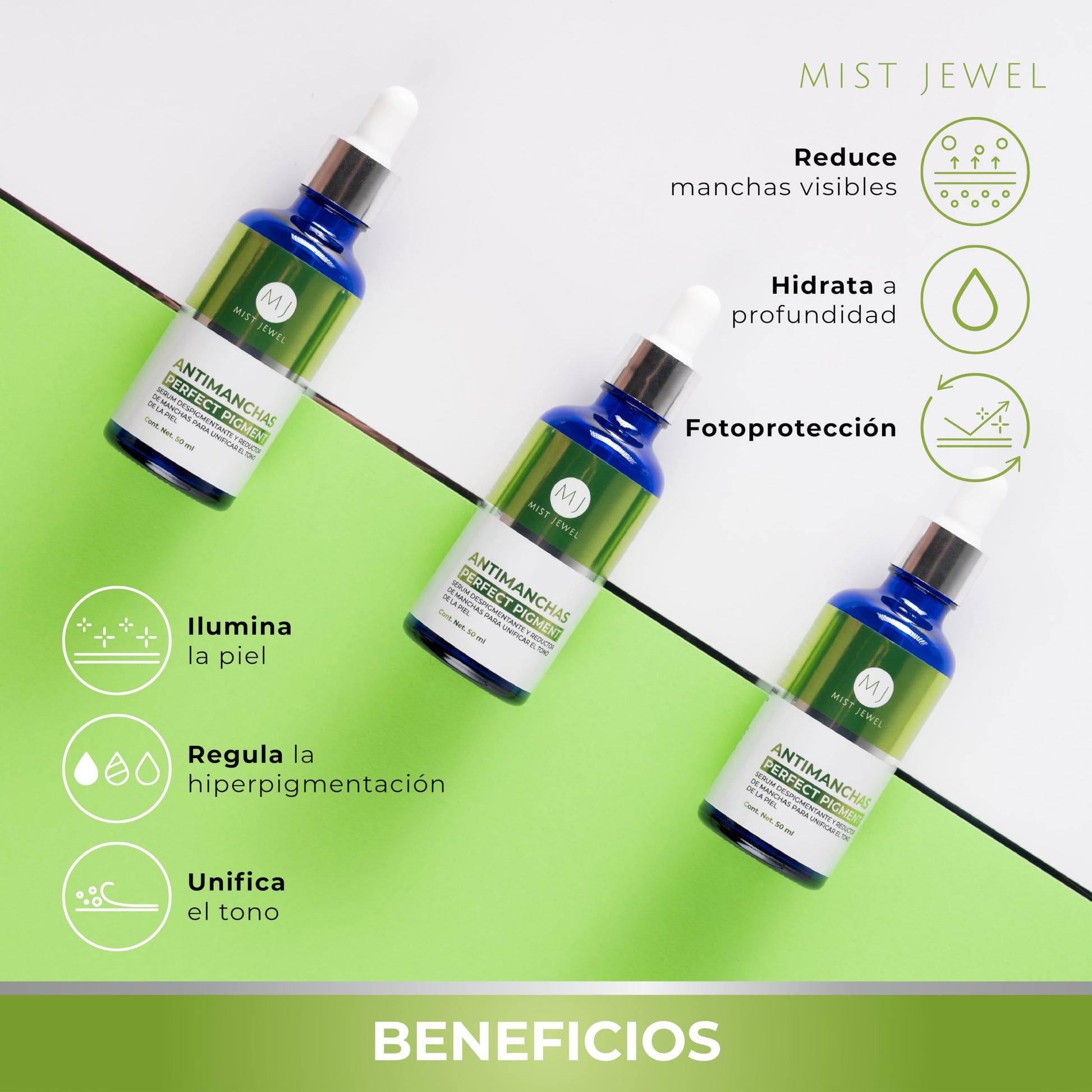 MIST JEWEL | Serum reductor de pigmentacion aclarador para manchas faciales en la piel, Suero facial antimanchas adicionado con vitamina C y E para unificar el tono y reducir hiperpigmentación 50ml