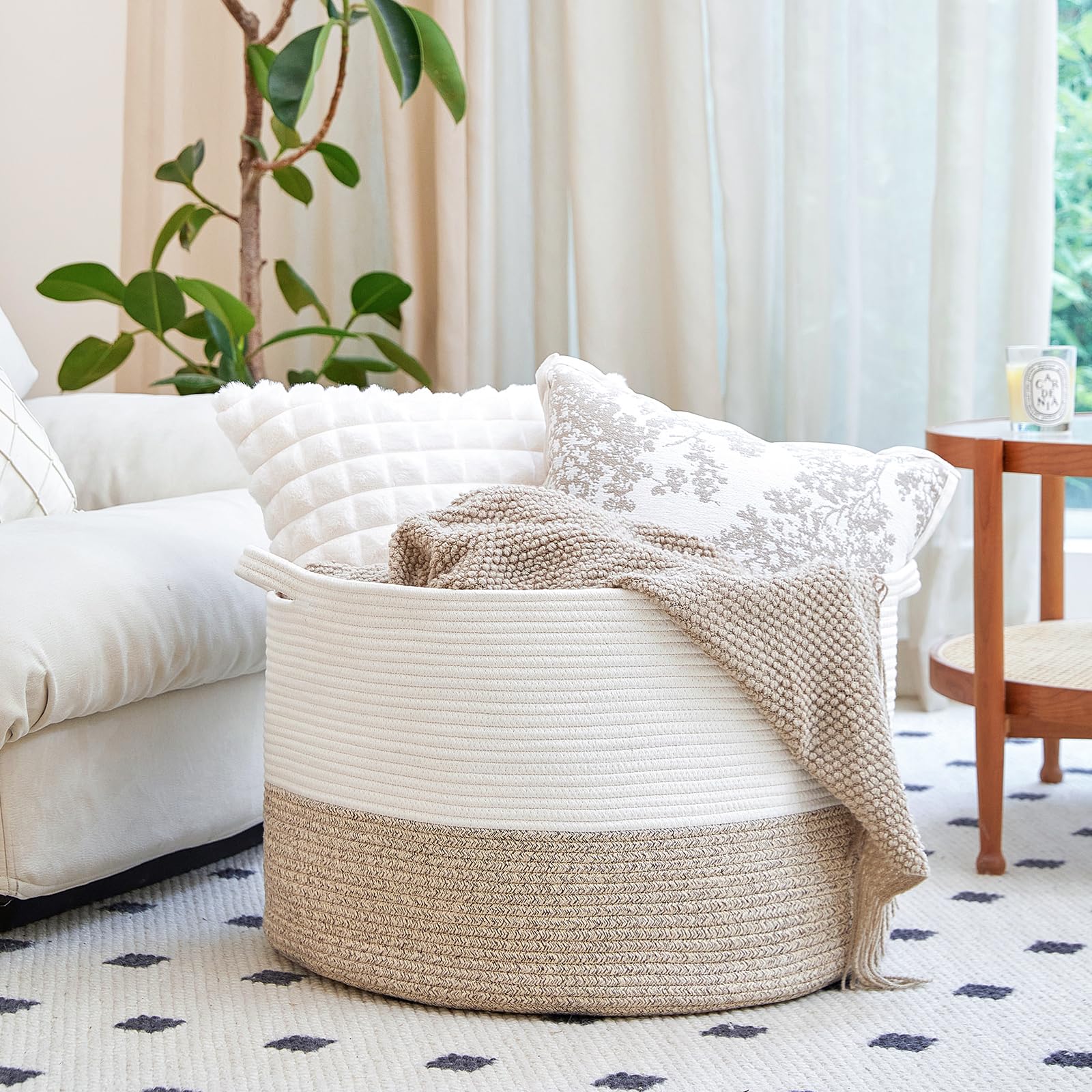 R RUNKA Cesta de cuerda de algodón extragrande de 22 x 14 pulgadas, cesta de juguetes para niños, cesta de manta para sala de estar, cestas tejidas para almacenamiento