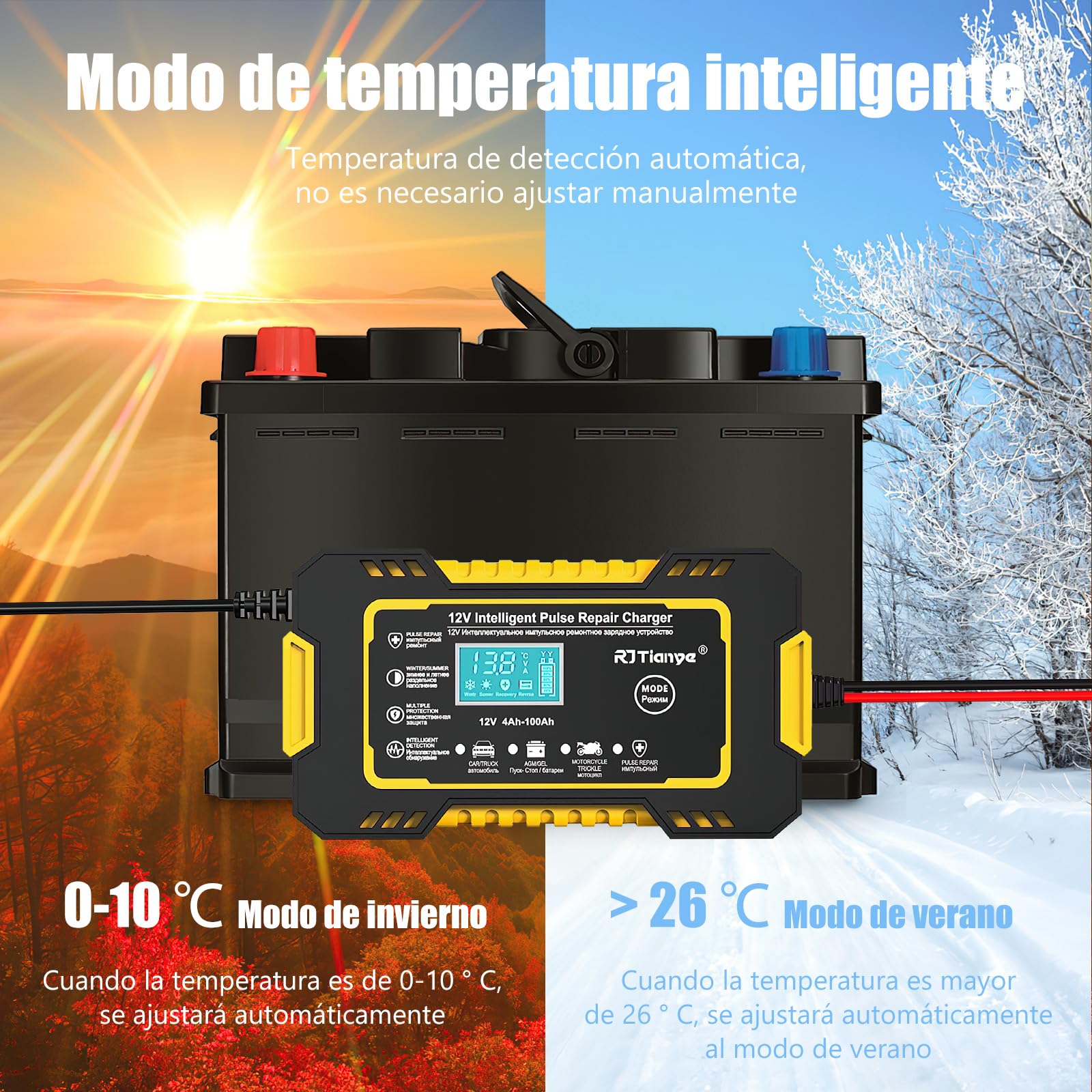 Cargador de Bateria 12V 6A, Cargador Bateria Coche con Visualización LCD y Abrazaderas, Arrancador de Bateria GEL, AGM, WET para Auto Inteligente Mantenimiento de Batería, Para Coche, Moto, Camiones