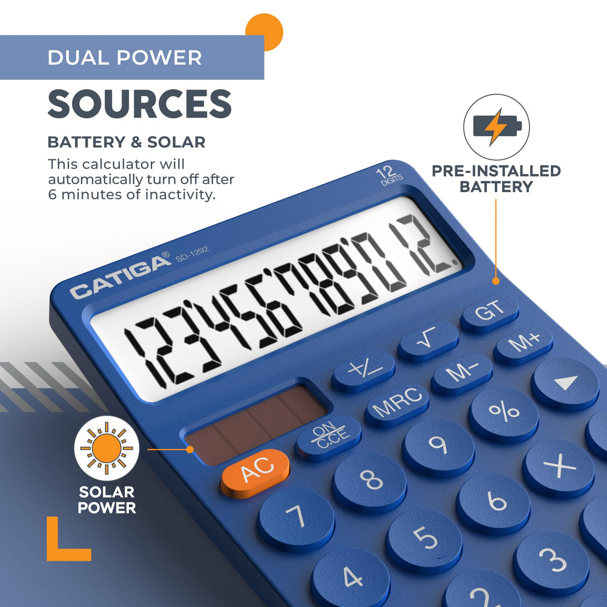 Calculadora Básica CATIGA Negra Visualización LCD Grande Energía Solar y Batería para Oficina