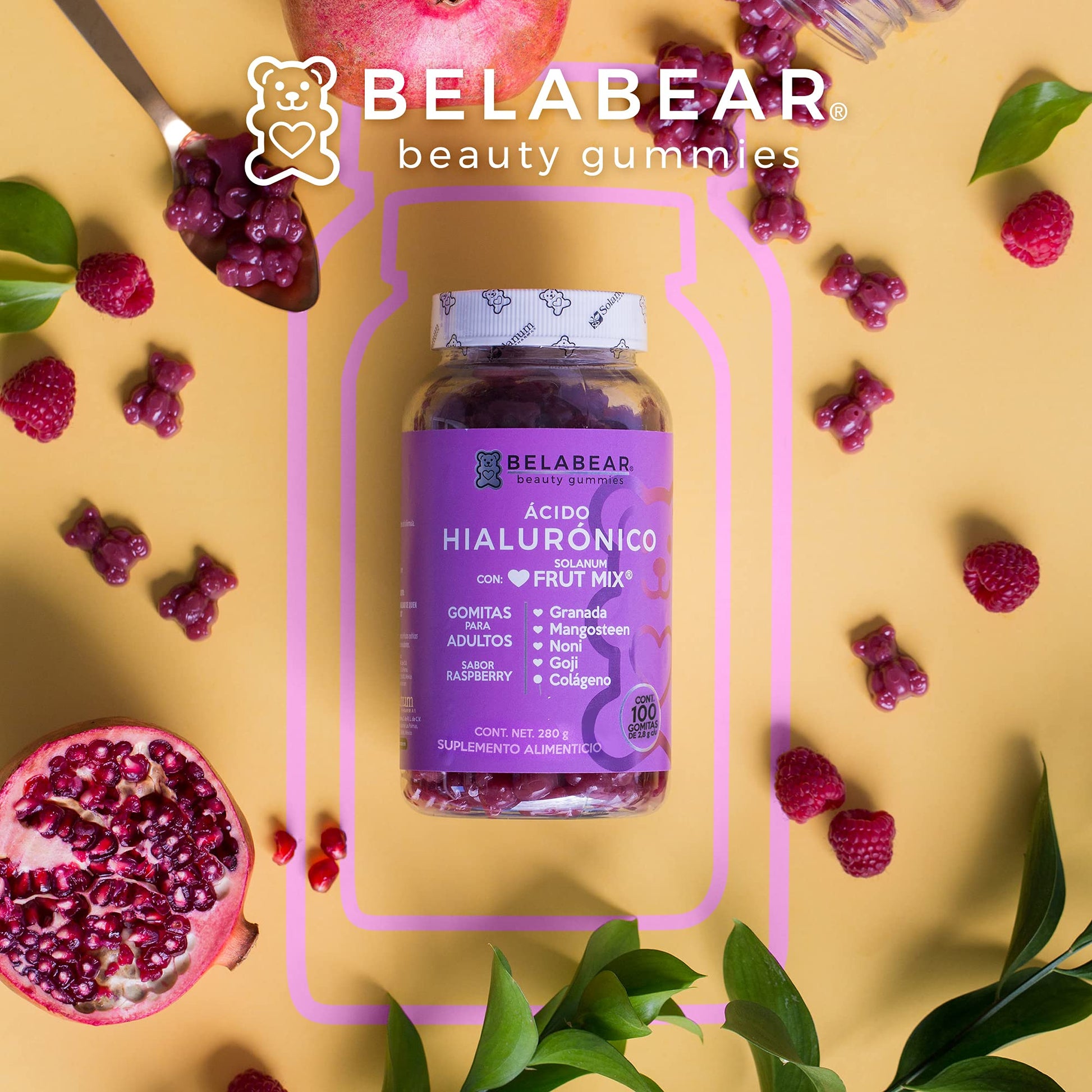 Belabear Ácido Hialurónico - Sabor Frambuesa - Granada, Mangosteen, Noni, Goji, Colágeno - 100 Gomitas