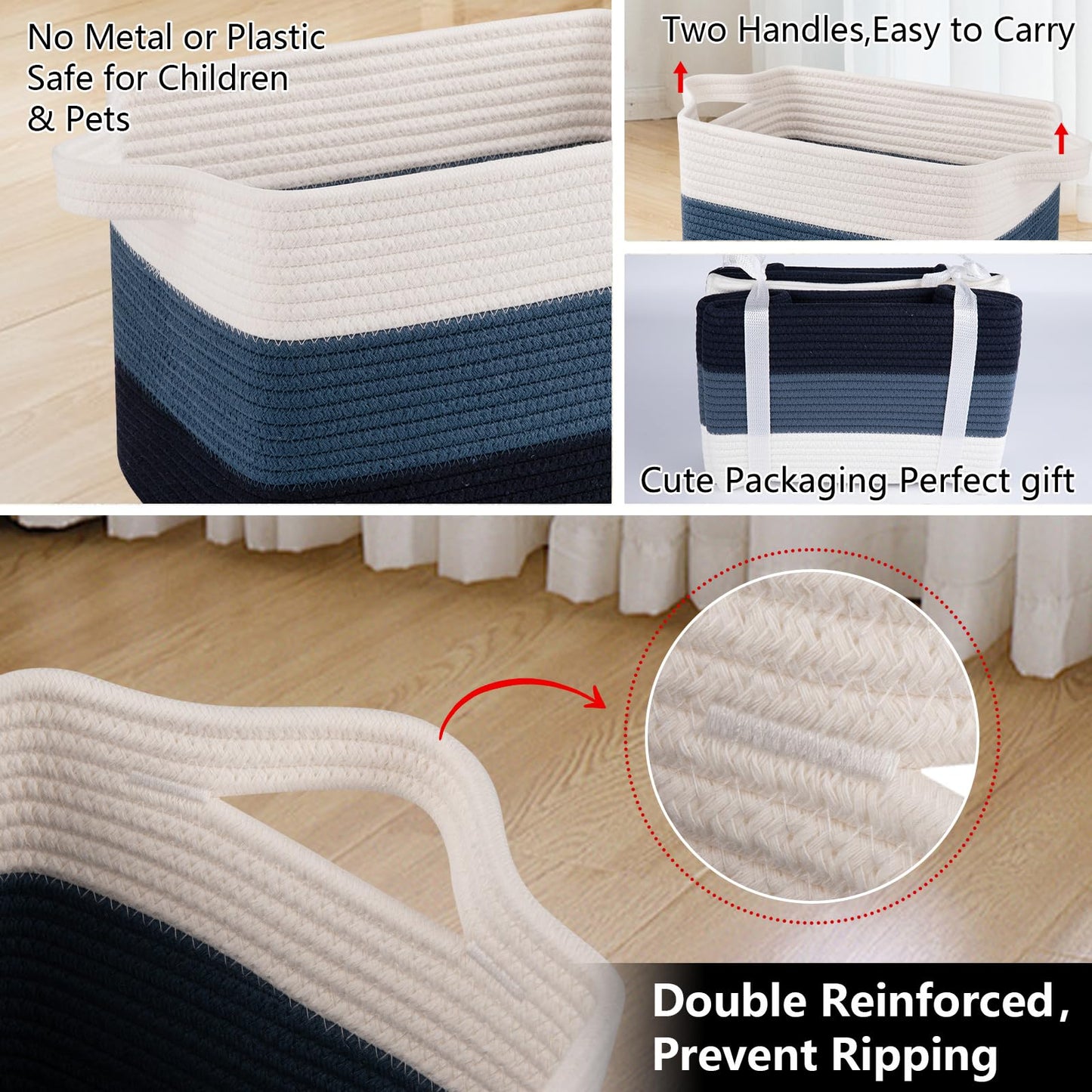 OIAHOMY Cesta de almacenamiento, cestas tejidas para almacenamiento, cesta de cuerda de algodón para juguetes, cestas de toalla para baño, paquete de 3, color azul degradado