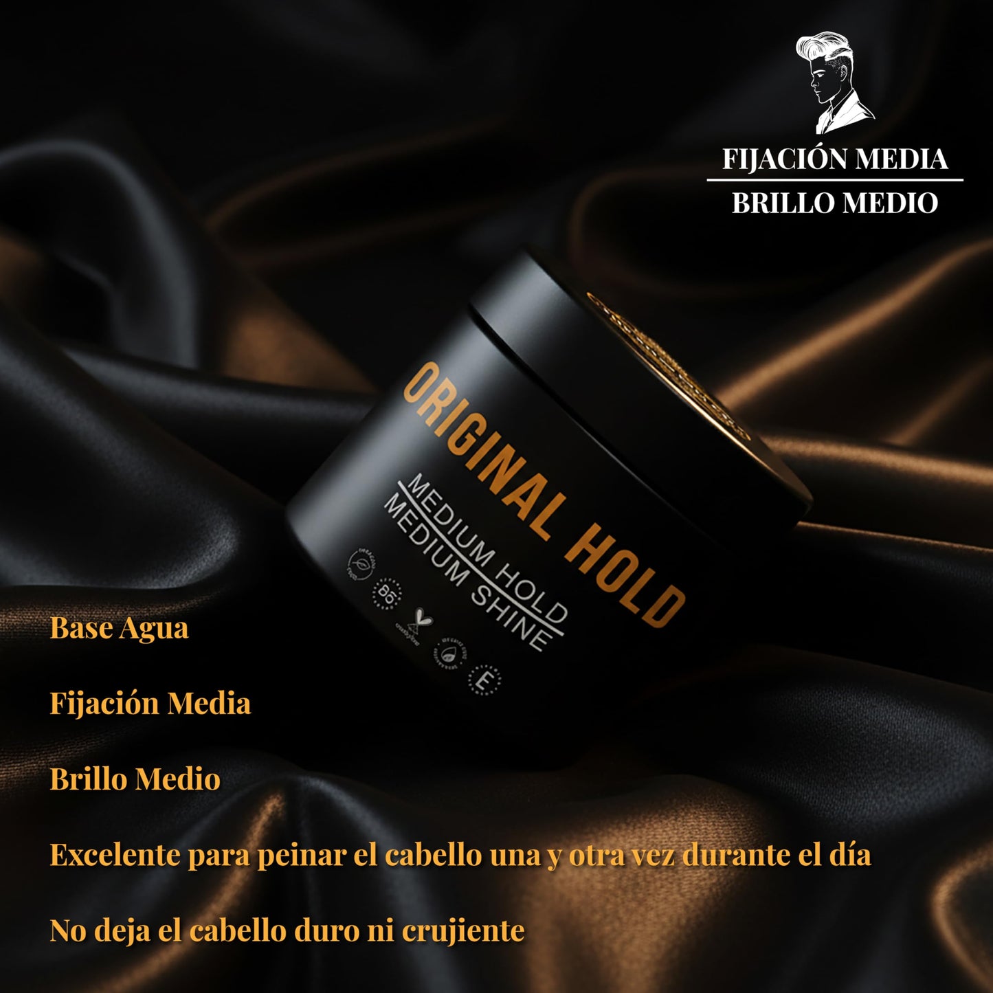 ORIGINAL HOLD POMADE The Shaving Co. Cera para el cabello base agua. Original Hold Pomade. FIJACIÓN MEDIA - BRILLO MEDIO. Libre de Parabenos - Libre de Sulfatos - Cruelty Free - Contiene VITAMINA B5 y E. Medium Hold Medium Shine. Pomada para cabello. Hair