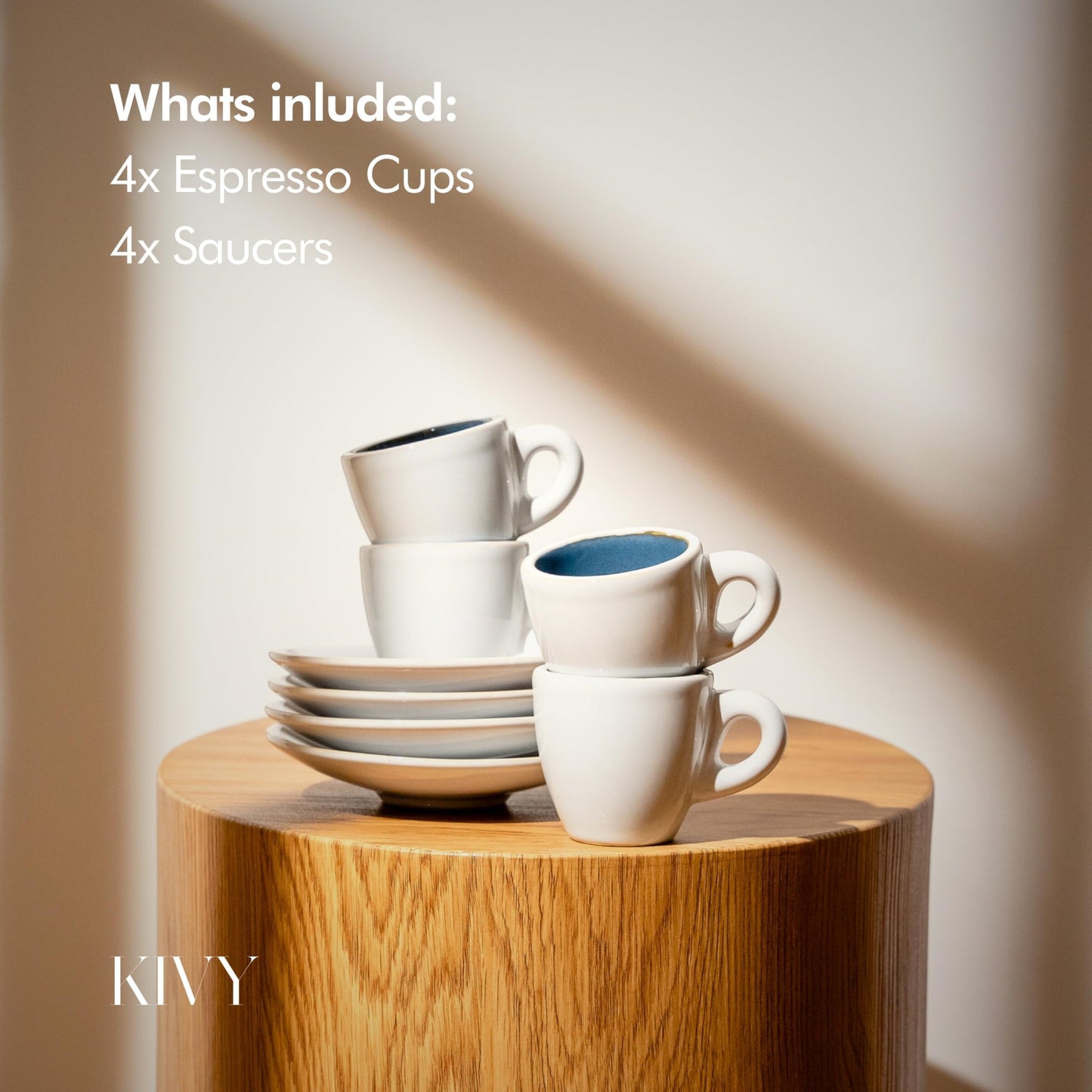 KIVY - Juego de 4 tazas de café expreso de 3 onzas, tazas y platillos de gres de pared gruesa, taza y platillos expresso de estilo italiano, color azul