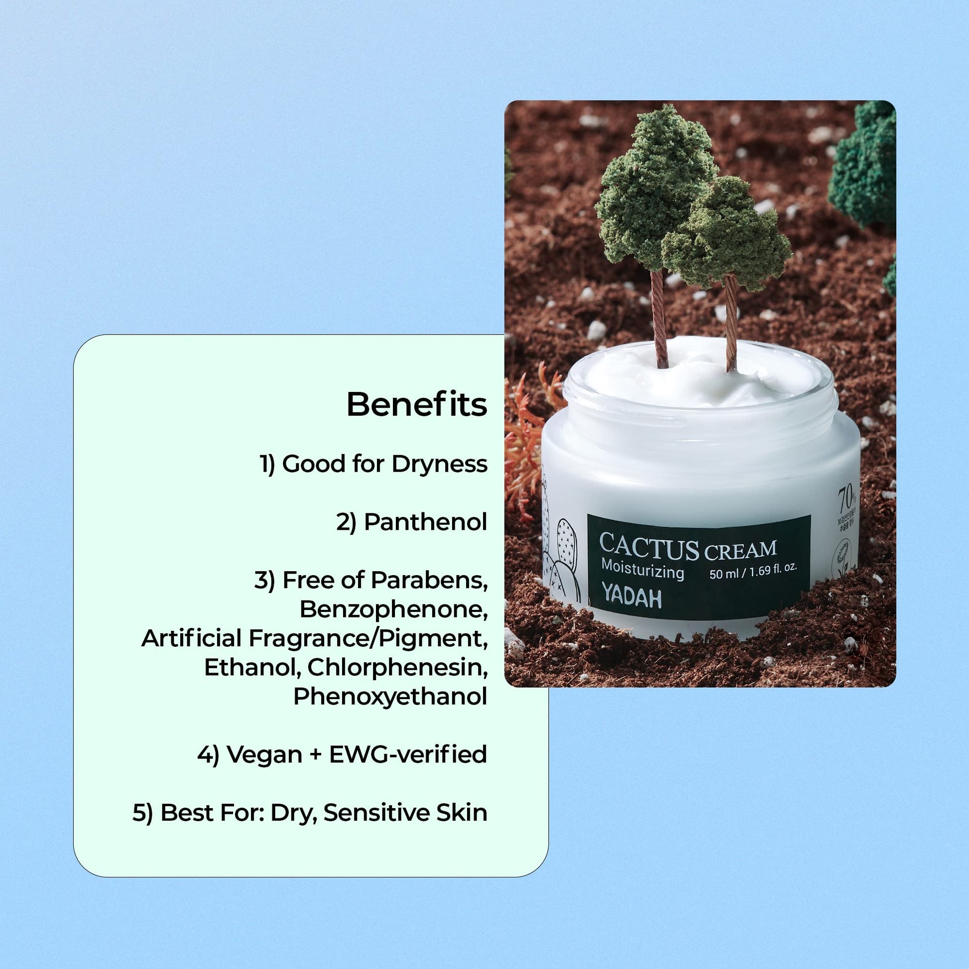 YADAH Crema de cactus 1.69 onzas líquidas – Hidratante facial que forma barrera de humedad para piel seca sensible