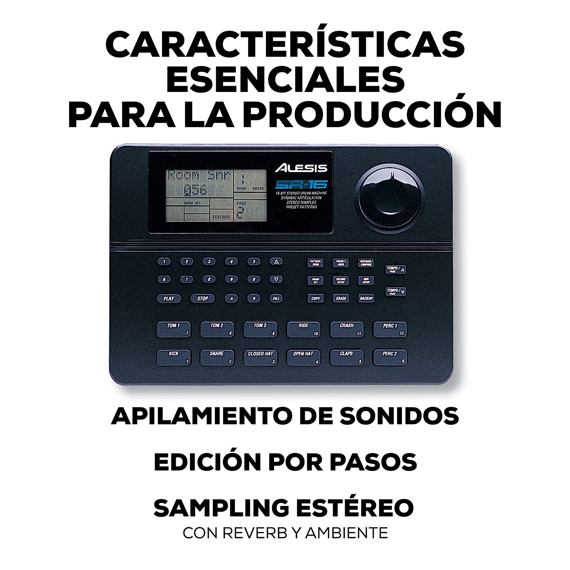 Alesis SR16 - Caja de ritmos de 24-bit estéreo con 12 pads, 233 sonidos asignables y efectos incorporados, varias entradas y salidas, 100 patterns