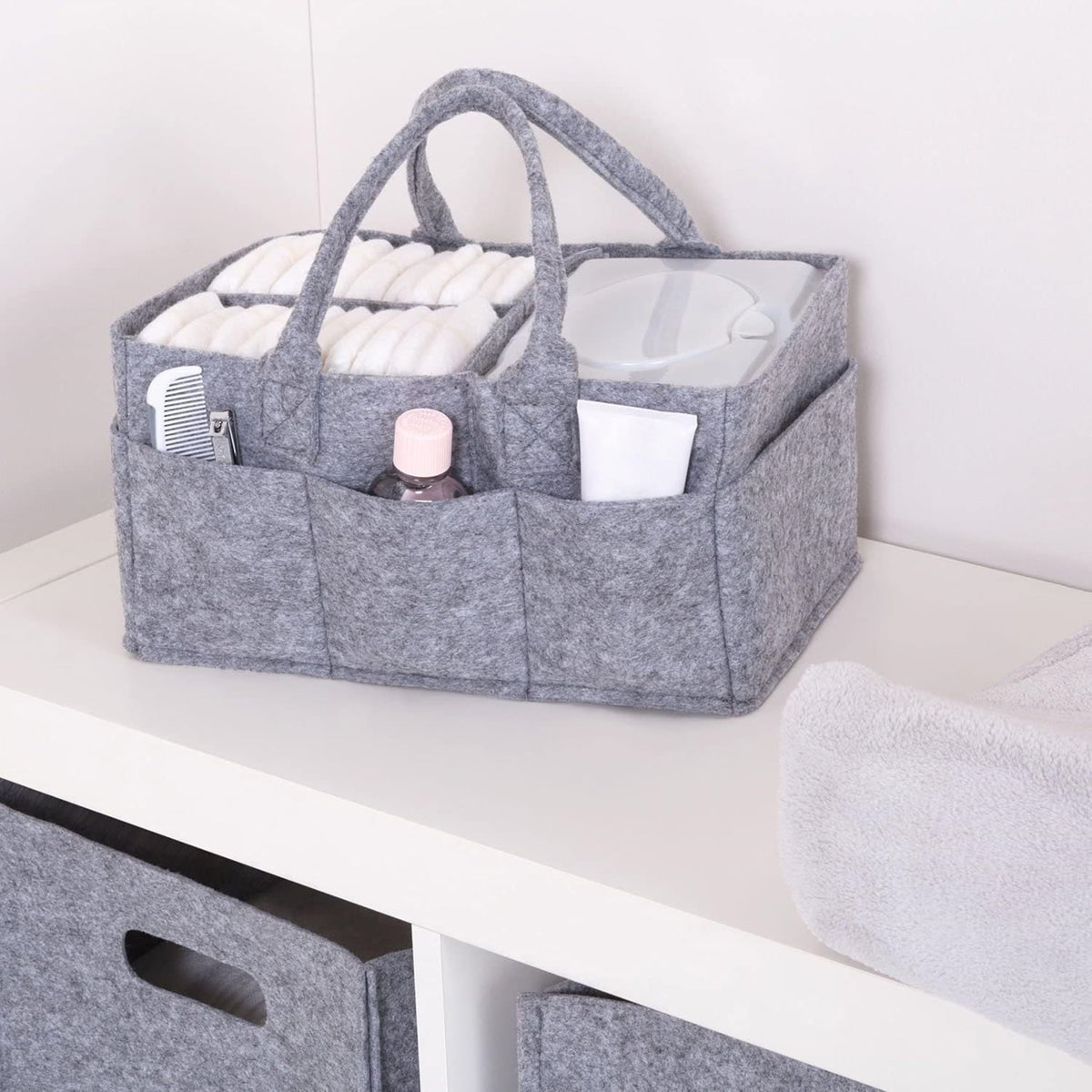 Sammy & Lou - Organizador plegable de fieltro gris claro, diseño dividido para mantener organizados pañales, toallitas y artículos cambiantes, dos asas, 12 x 6 x 8 pulgadas